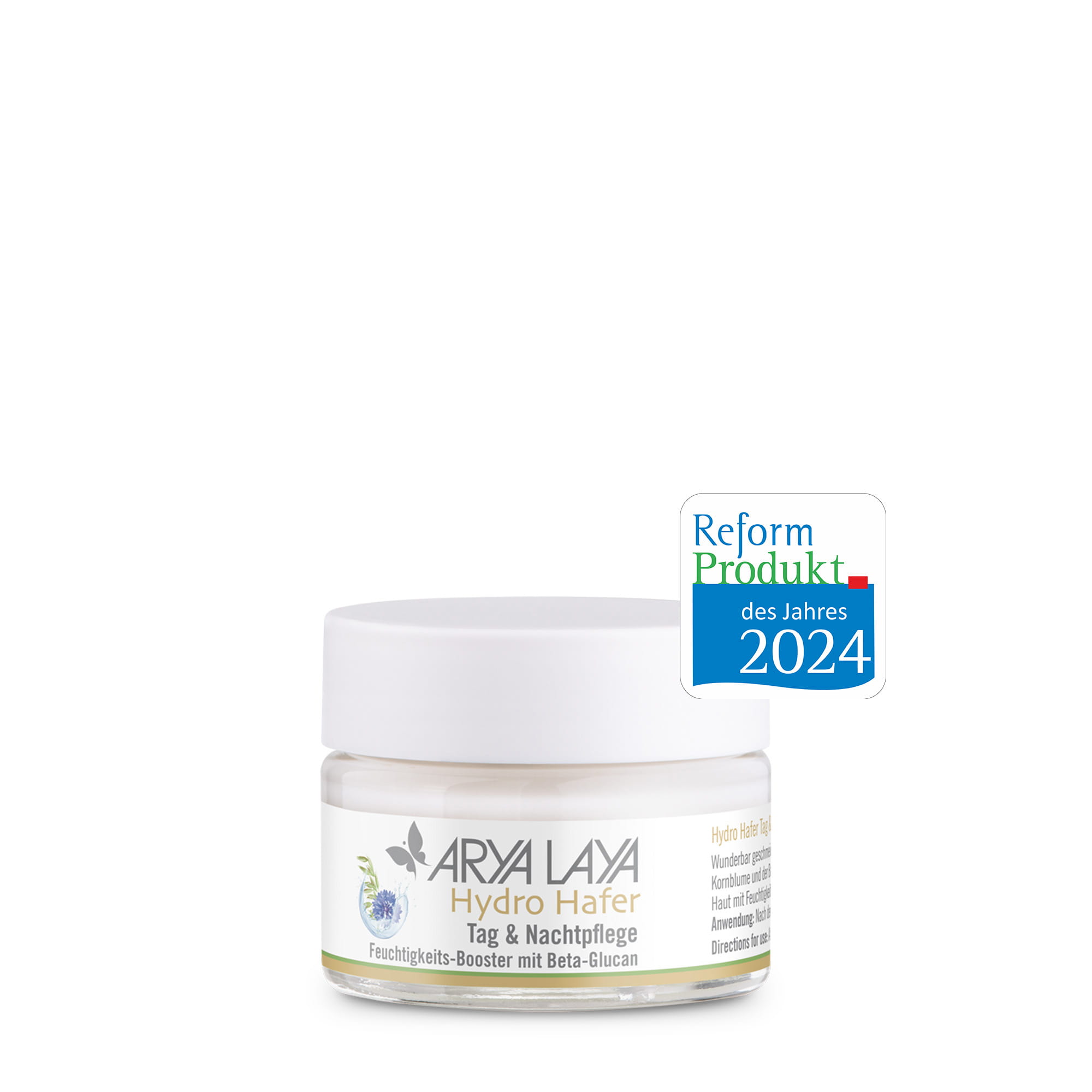 Glastiegel mit ARYA LAYA Hydro Hafer Tag und Nachtpflege, 50 ml Reformprodukt 2024