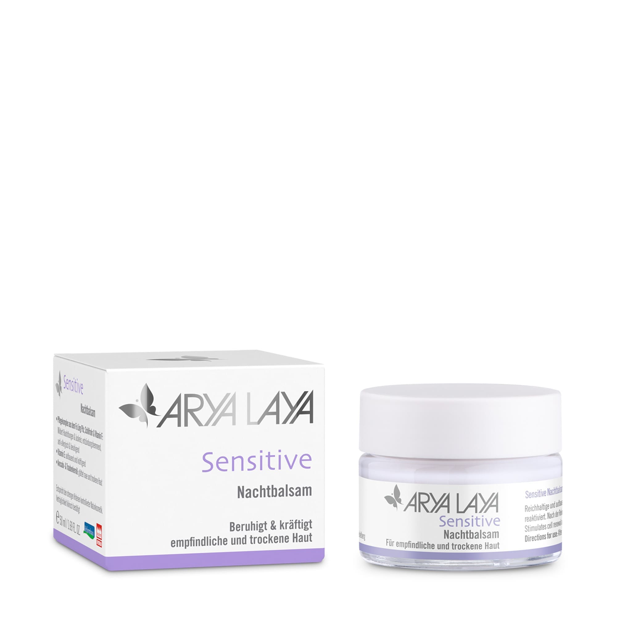 Glastiegel und Faltschachtel ARYA LAYA Sensitive Nachtbalsam 50 ml Glastiegel und Faltschachtel mit ARYA LAYA Sensitive Nachtbalsam, 50 ml