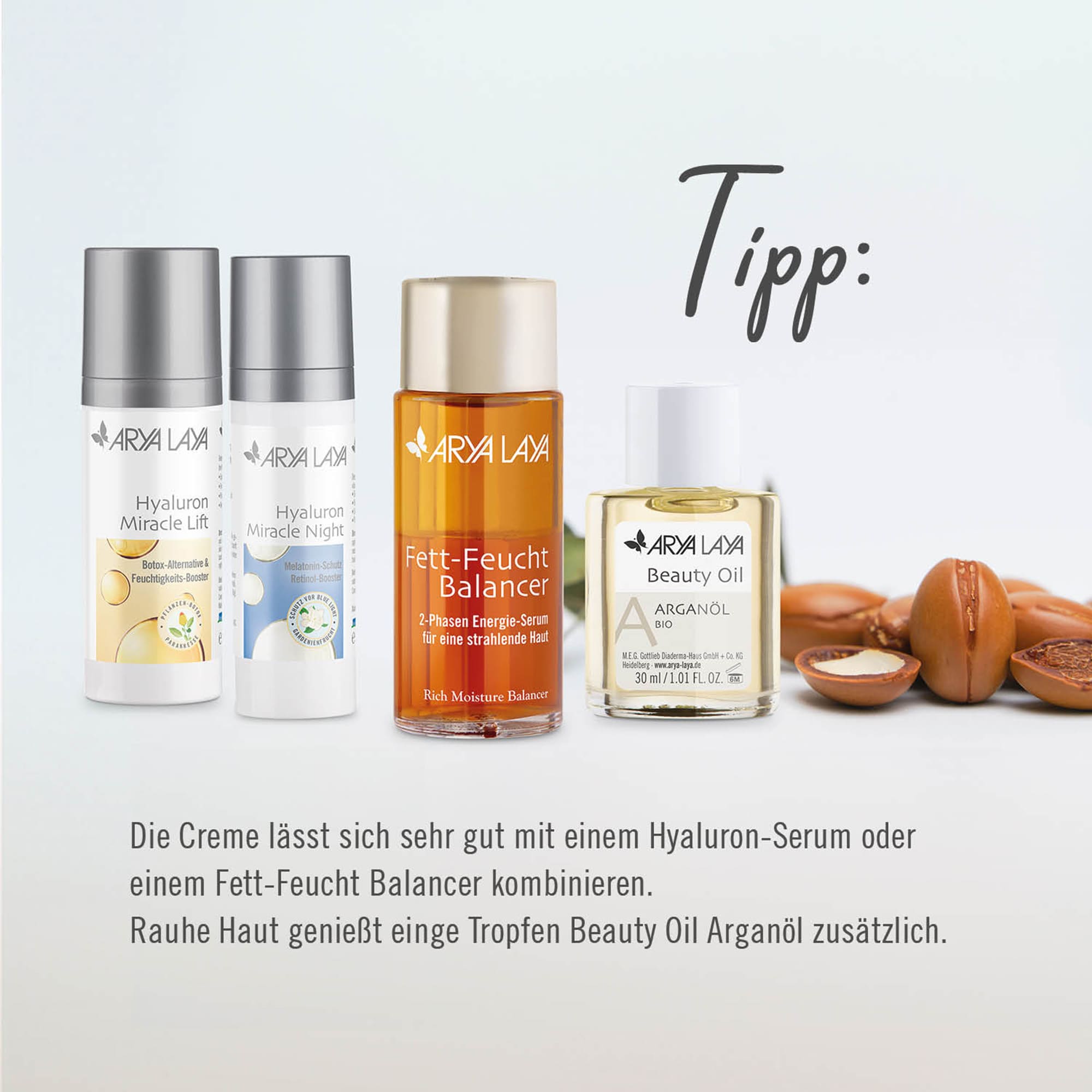 Chart Tipp ARYA LAYA Argan Tag & Nachtpflege Wir empfehlen die Kombination mit einem Fett-Feucht Balancer oder einem Hyaluron-Serum