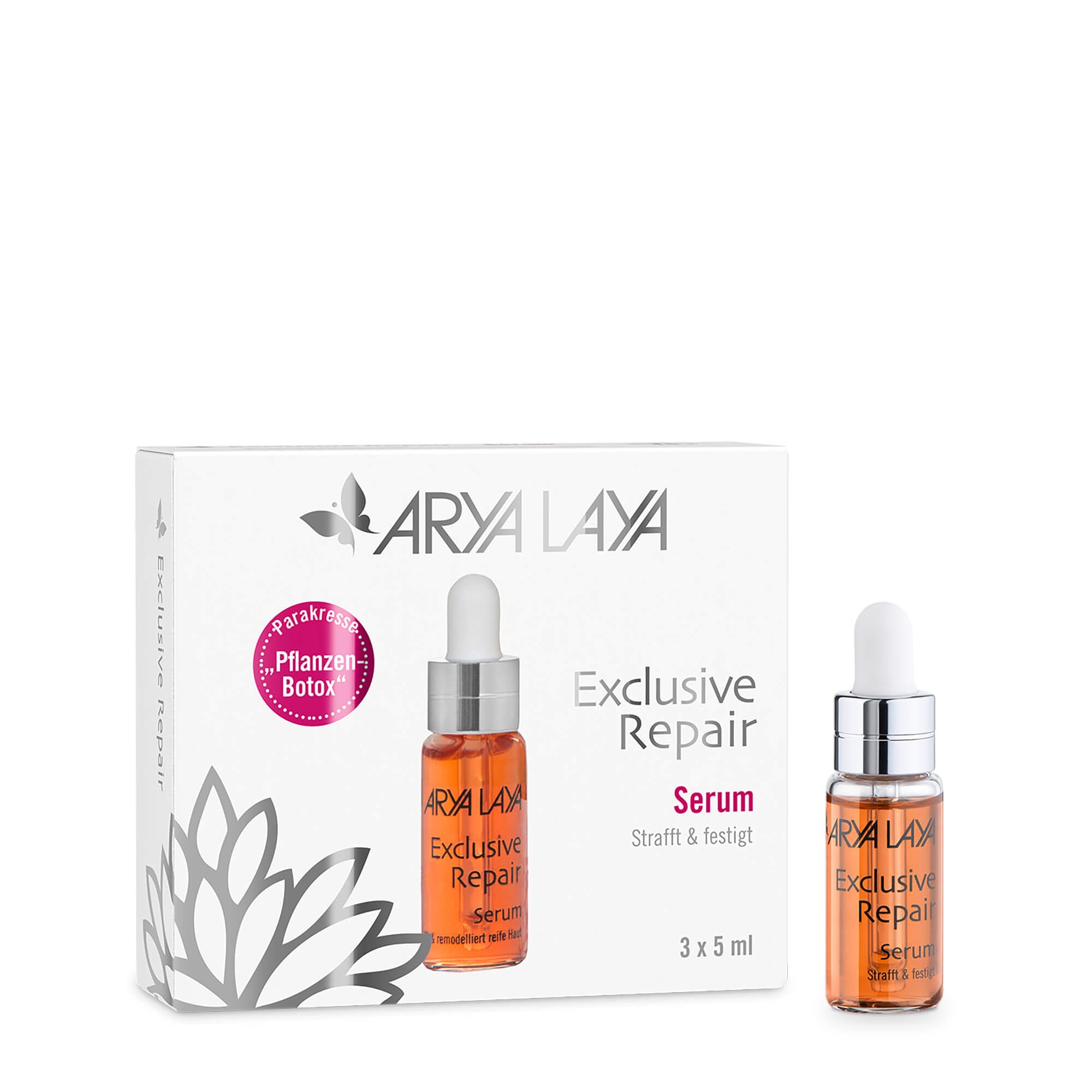 Glasfläschchen und Faltschachtel mit ARYA LAYA Exclusive Repair Serum, 3x5 ml