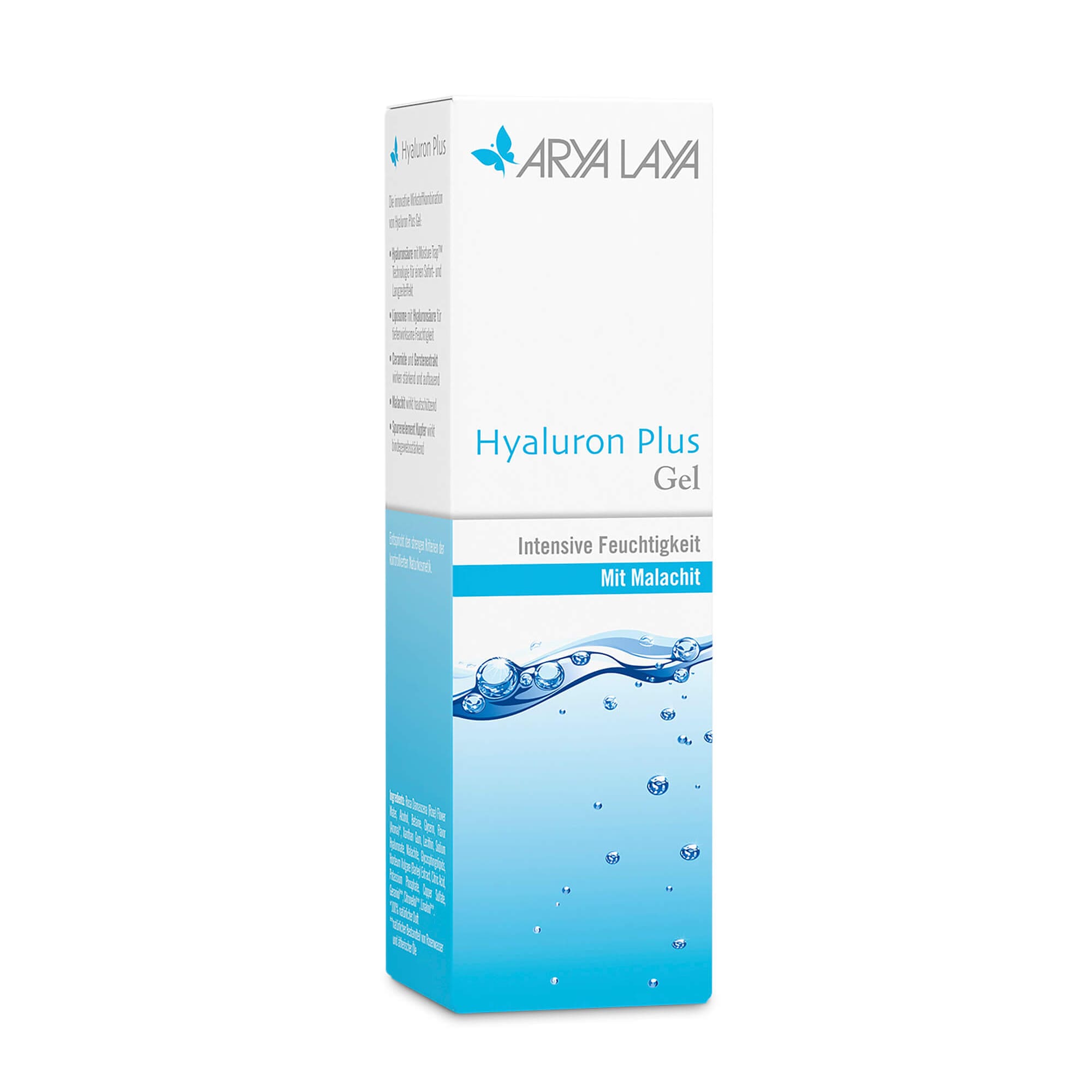 Faltschachtel mit ARYA LAYA Hyaluron Plus Gel mit Malachit, 50 ml