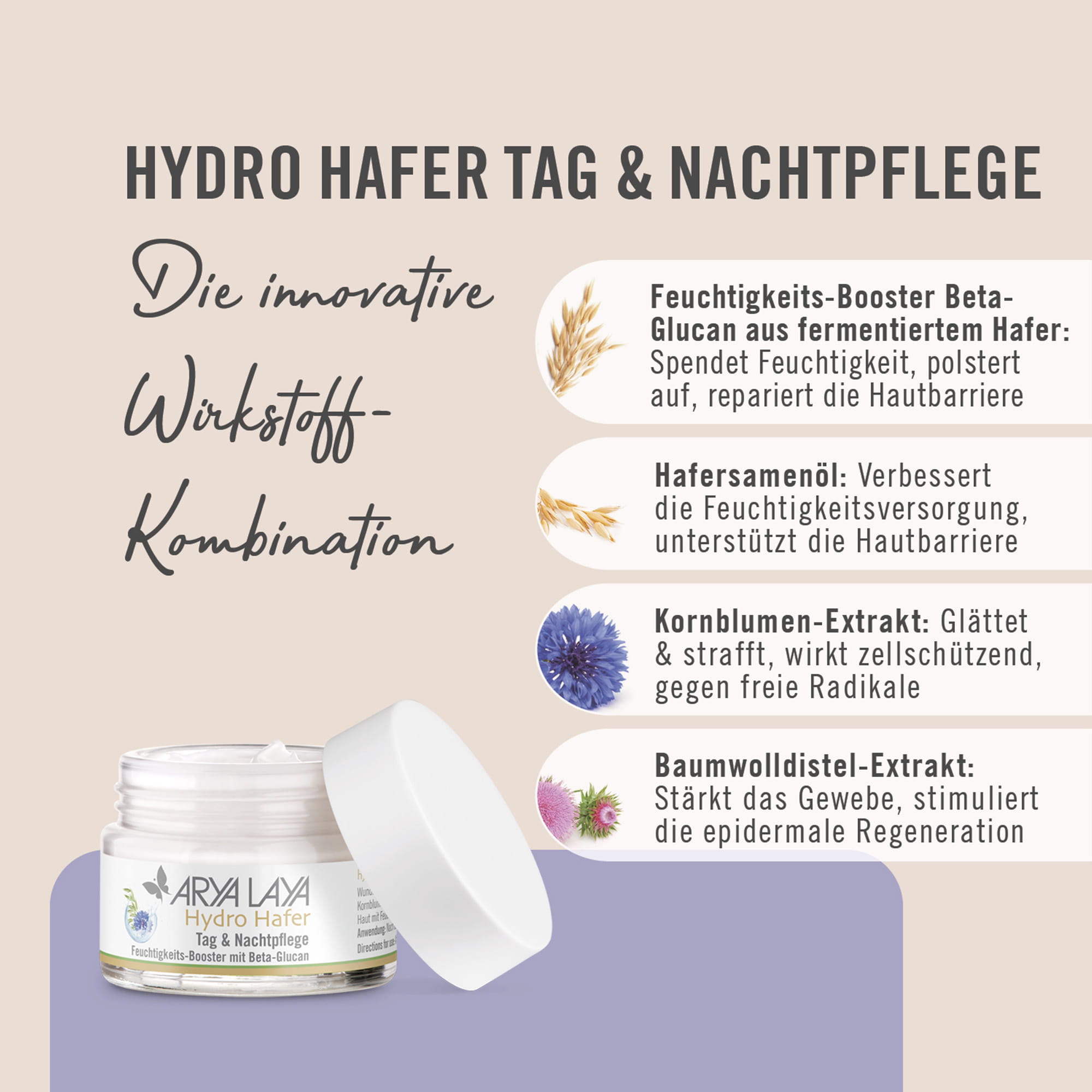 Wirkstoffe ARYA LAYA Hydro Hafer Tag und Nachtpflege, 50 ml