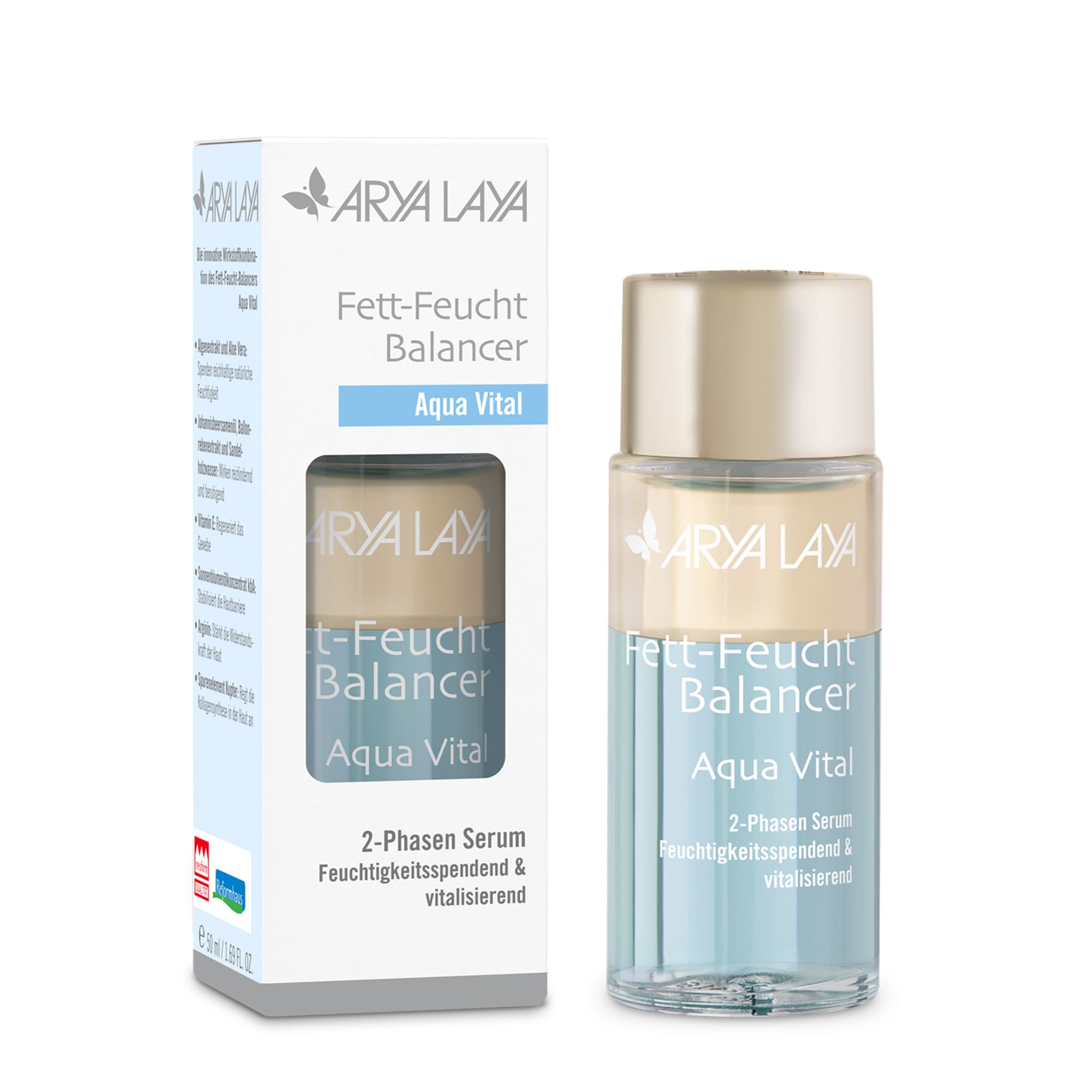 Glasflasche und Faltschachtel ARYA LAYA Fett-Feucht Balancer Aqua Vital 50 ml Glasflasche und Faltschachtel mit ARYA LAYA Fett-Feucht Balancer Aqua Vital, 50 ml