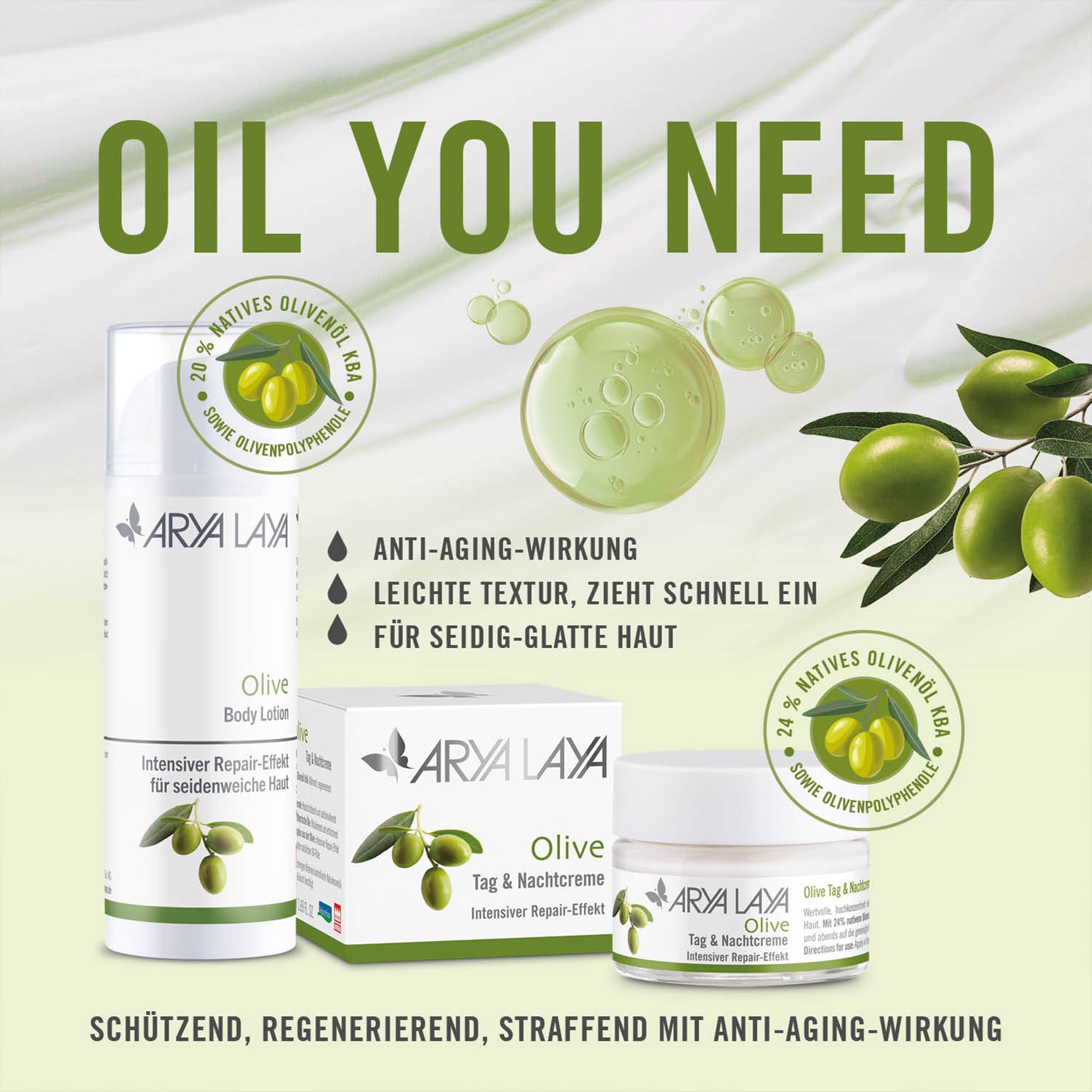 Chart Produktfamilie ARYA LAYA Olive Tag und Nachtpflege Oil you need