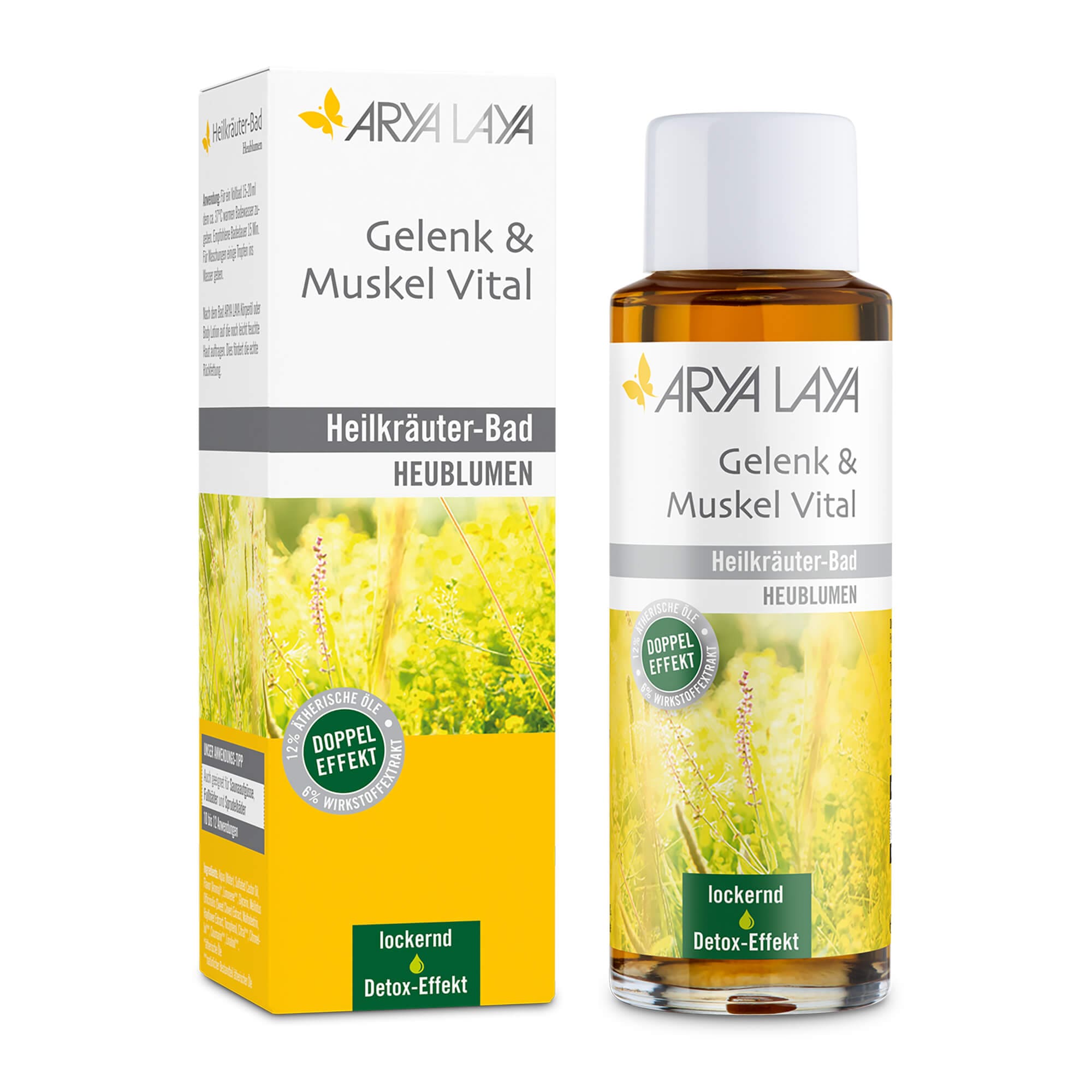 Glasflasche und Faltschachtel mit ARYA LAYA Heilkräuter-Bad Gelenk und Muskel Vital Heublume, 200 ml 