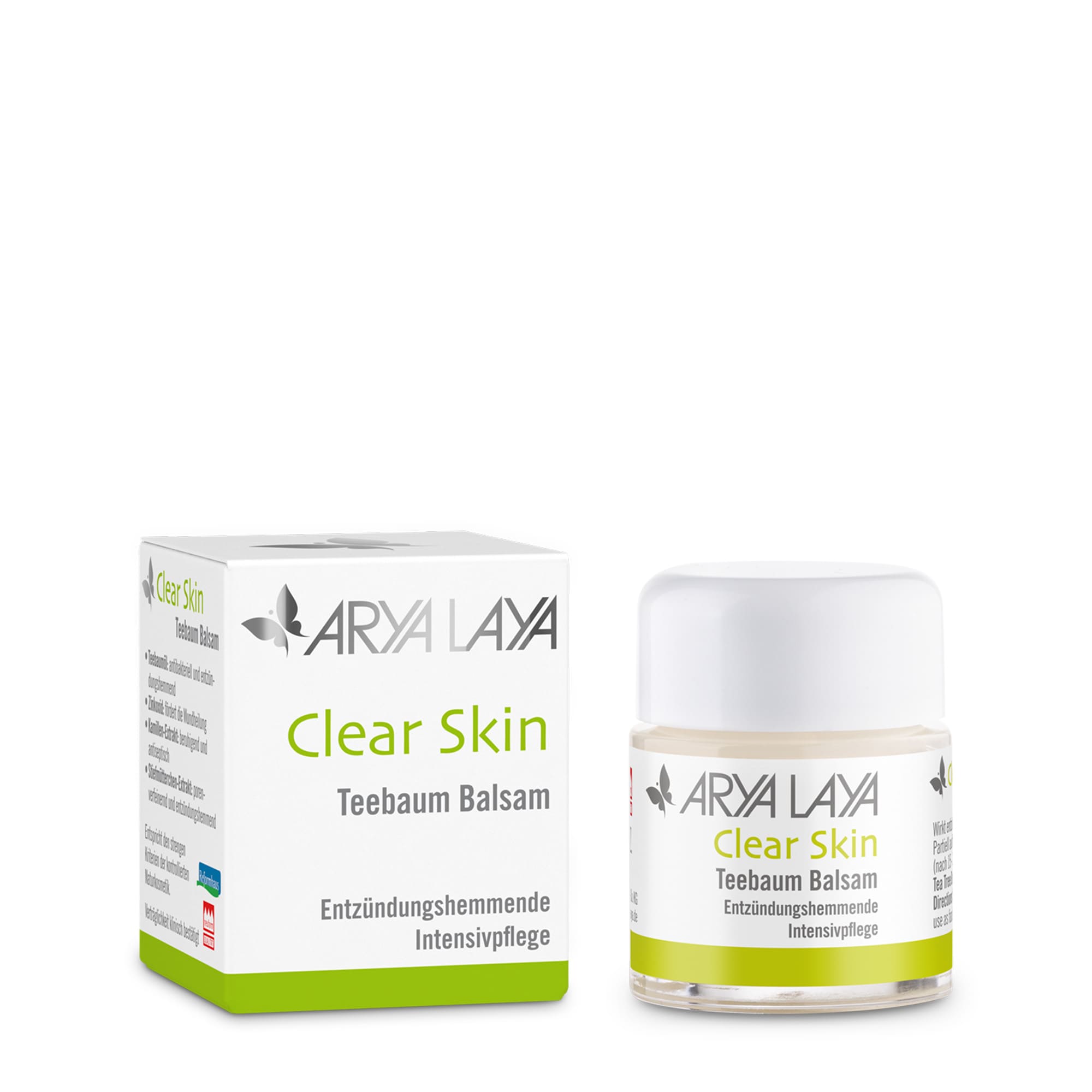 Glastiegel und Faltschachtel mit ARYA LAYA Clear Skin Teebaum Balsam, 20 ml