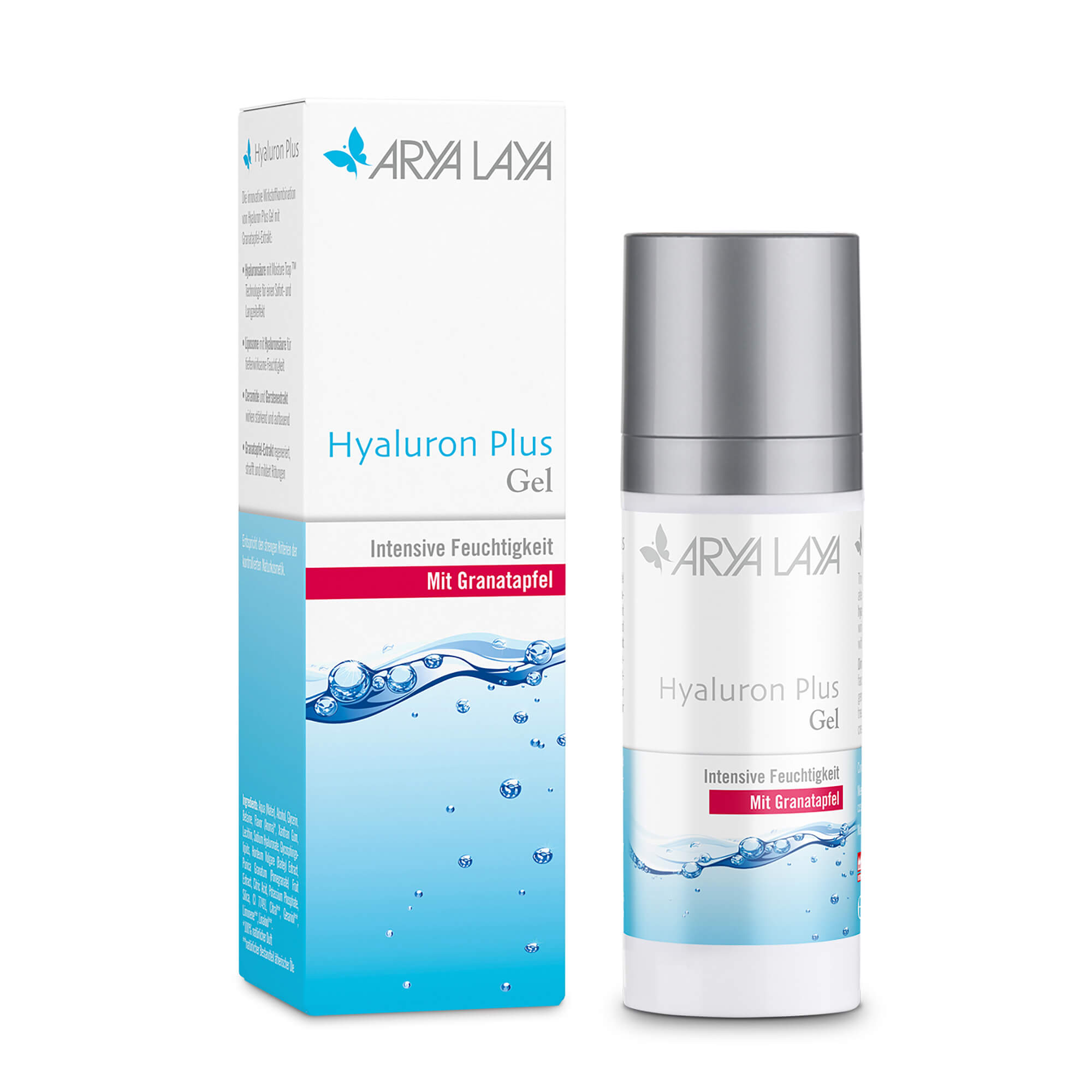 Airless-Spender und Faltschachtel mit ARYA LAYA Hyaluron Plus Gel mit Granatapfel, 50 ml