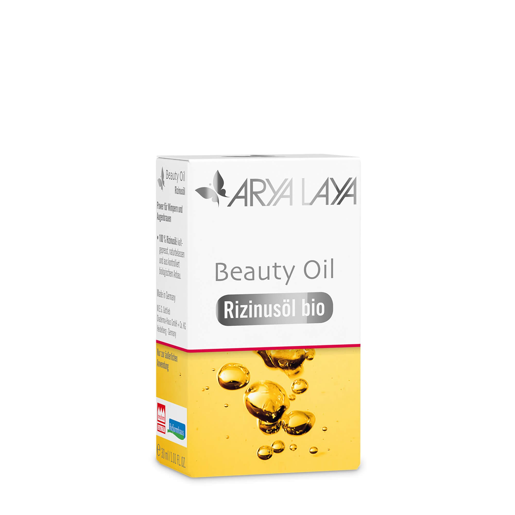 Faltschachtel mit ARYA LAYA Beauty Oil Rizinusöl, 30 ml 