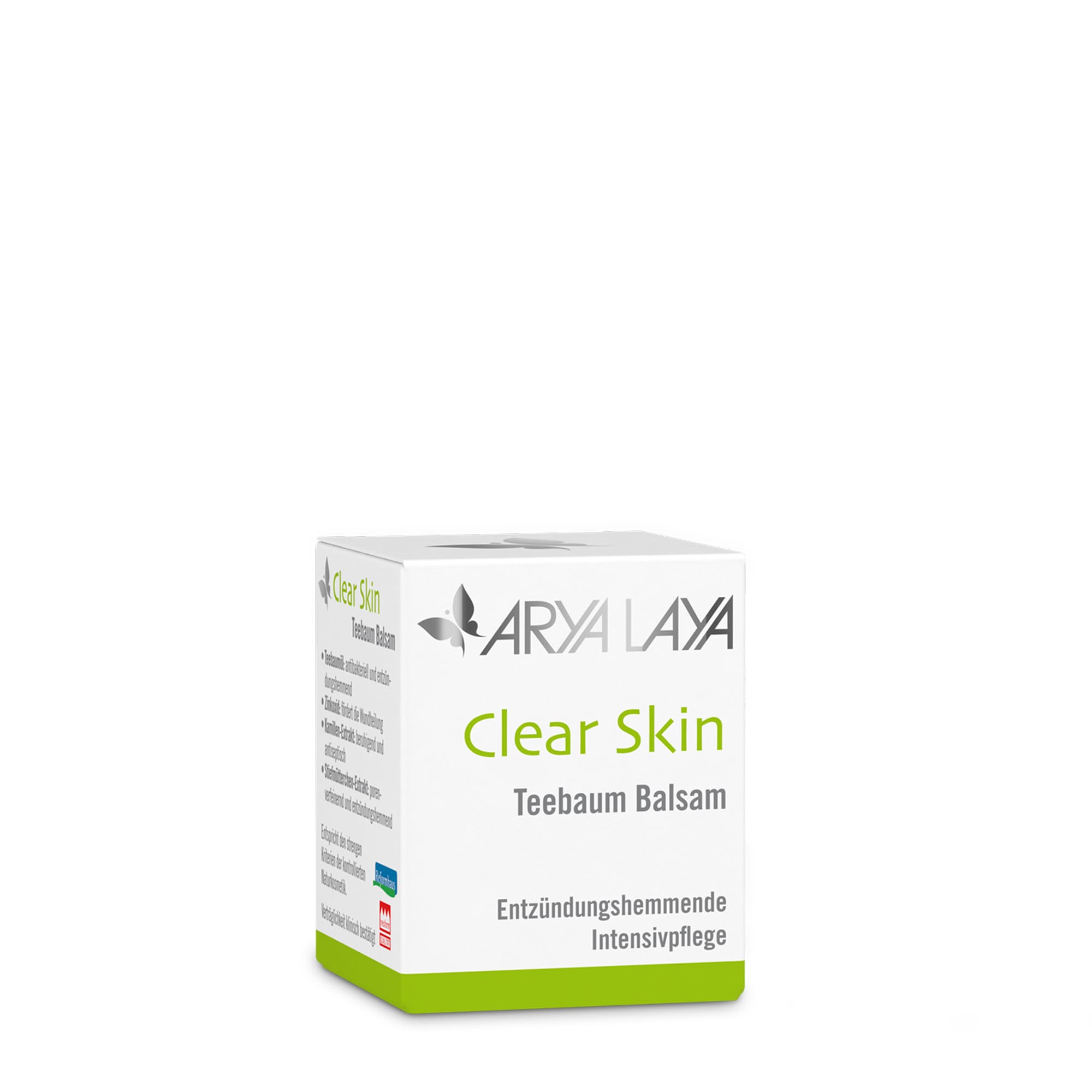 Faltschachtel mit ARYA LAYA Clear Skin Teebaum Balsam, 20 ml