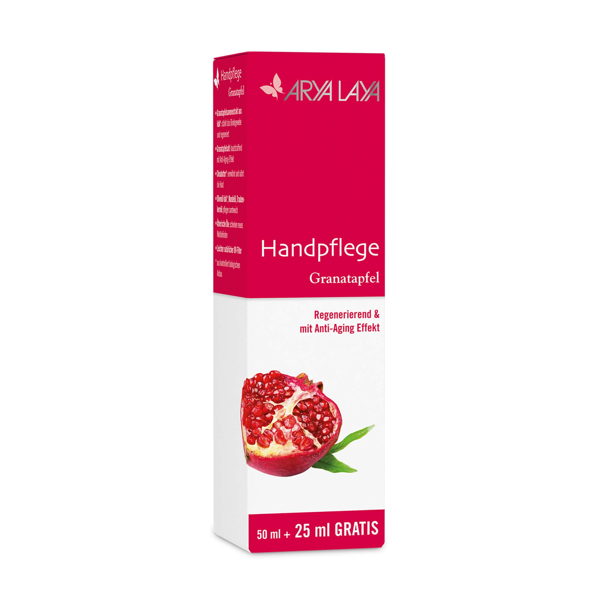 Faltschachtel mit ARYA LAYA Granatapfel Handpflege, 75 ml