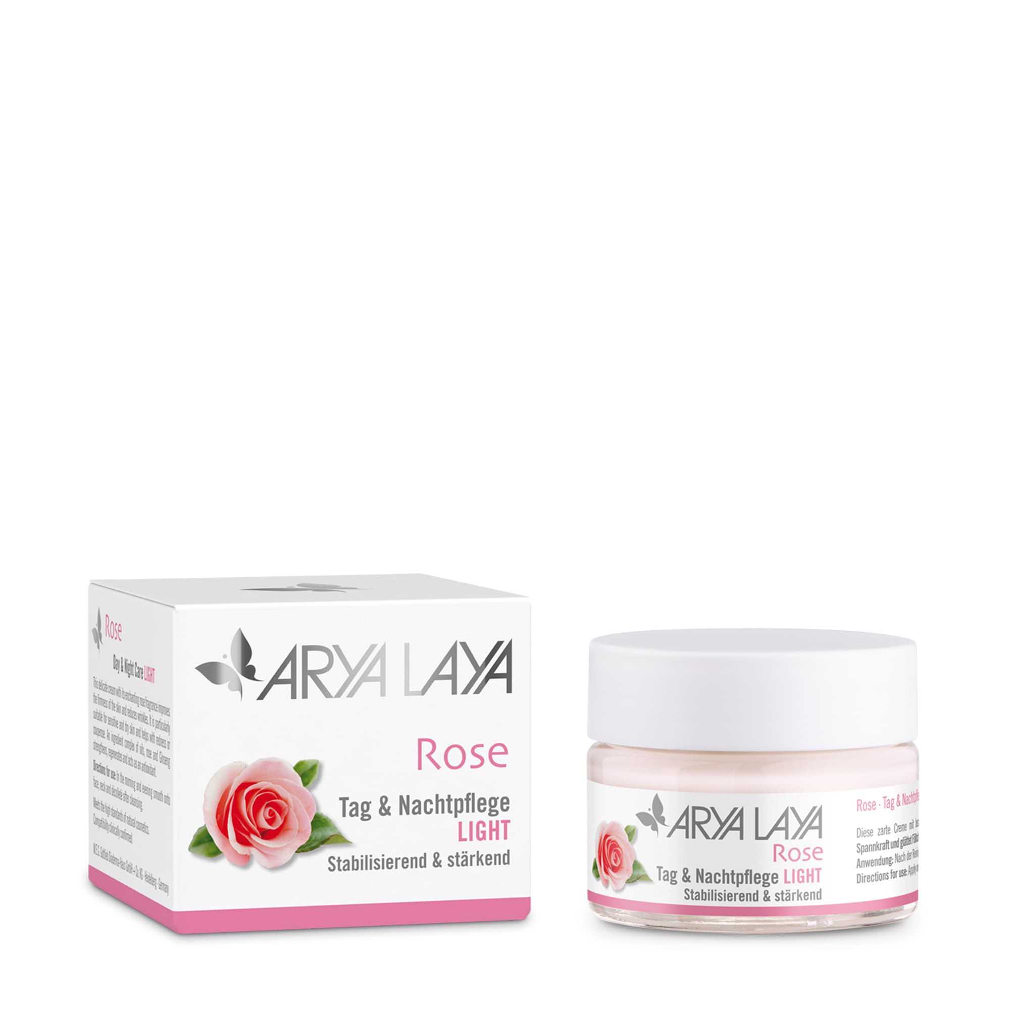 Glastiegel und Faltschachtel mit ARYA LAYA Rose Tag und Nachtpflege Light, 50 ml