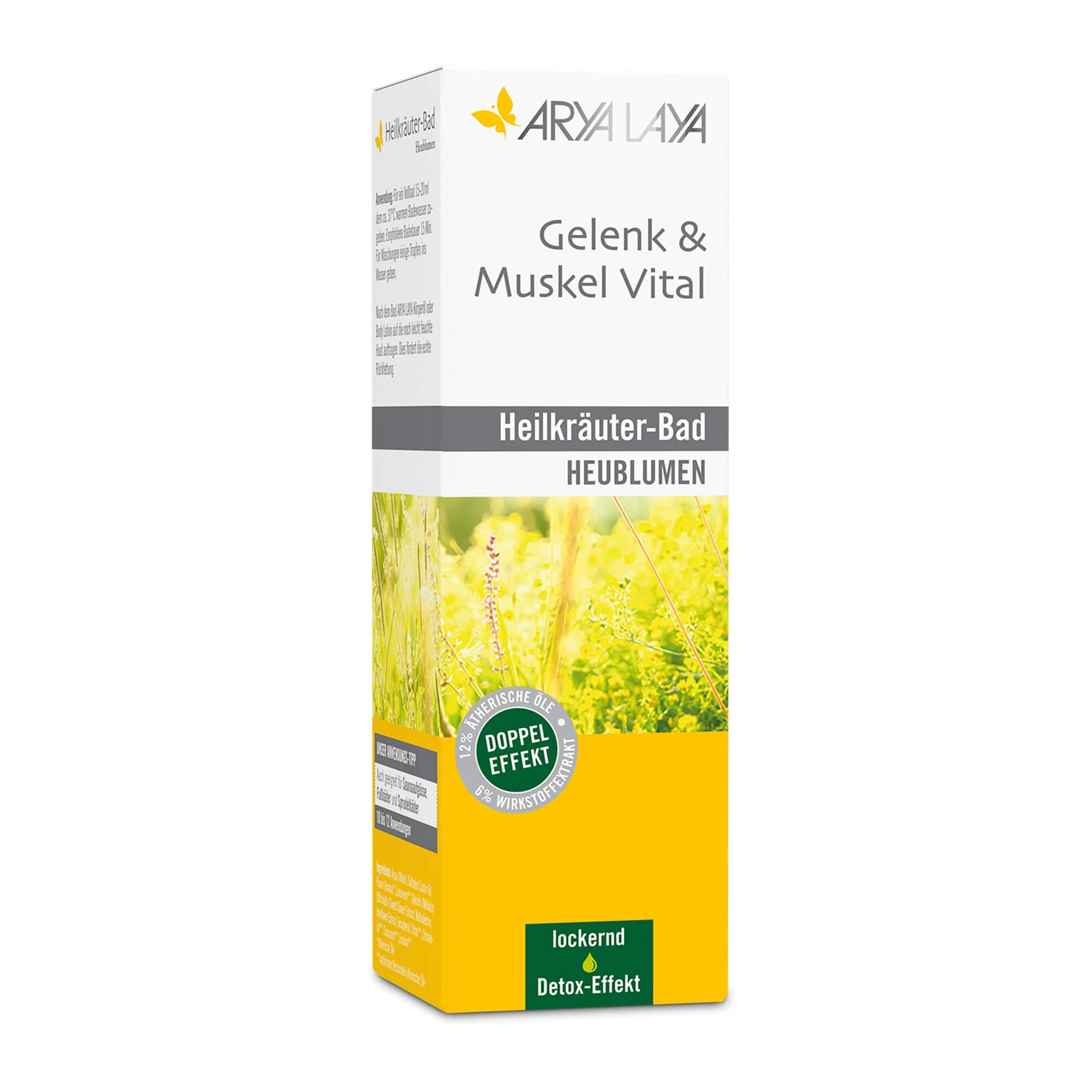 Faltschachtel mit ARYA LAYA Heilkräuter-Bad Gelenk und Muskel Vital Heublume, 200 ml 