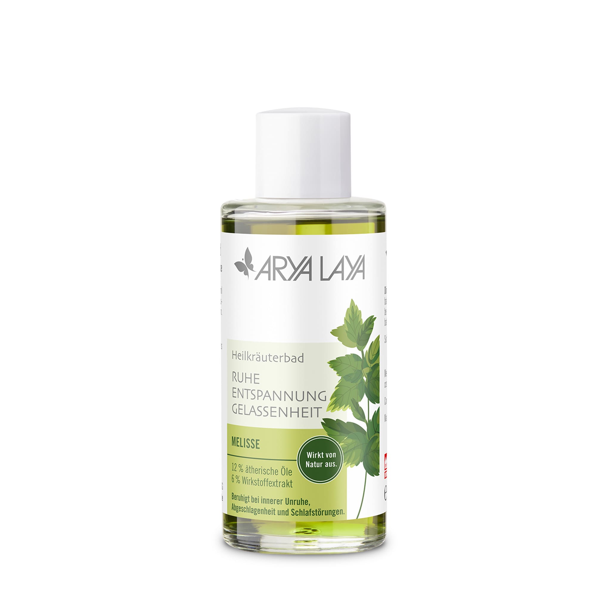 Glasflasche mit ARYA LAYA Heilkräuterbad Melisse - Ruhe, 100 ml 