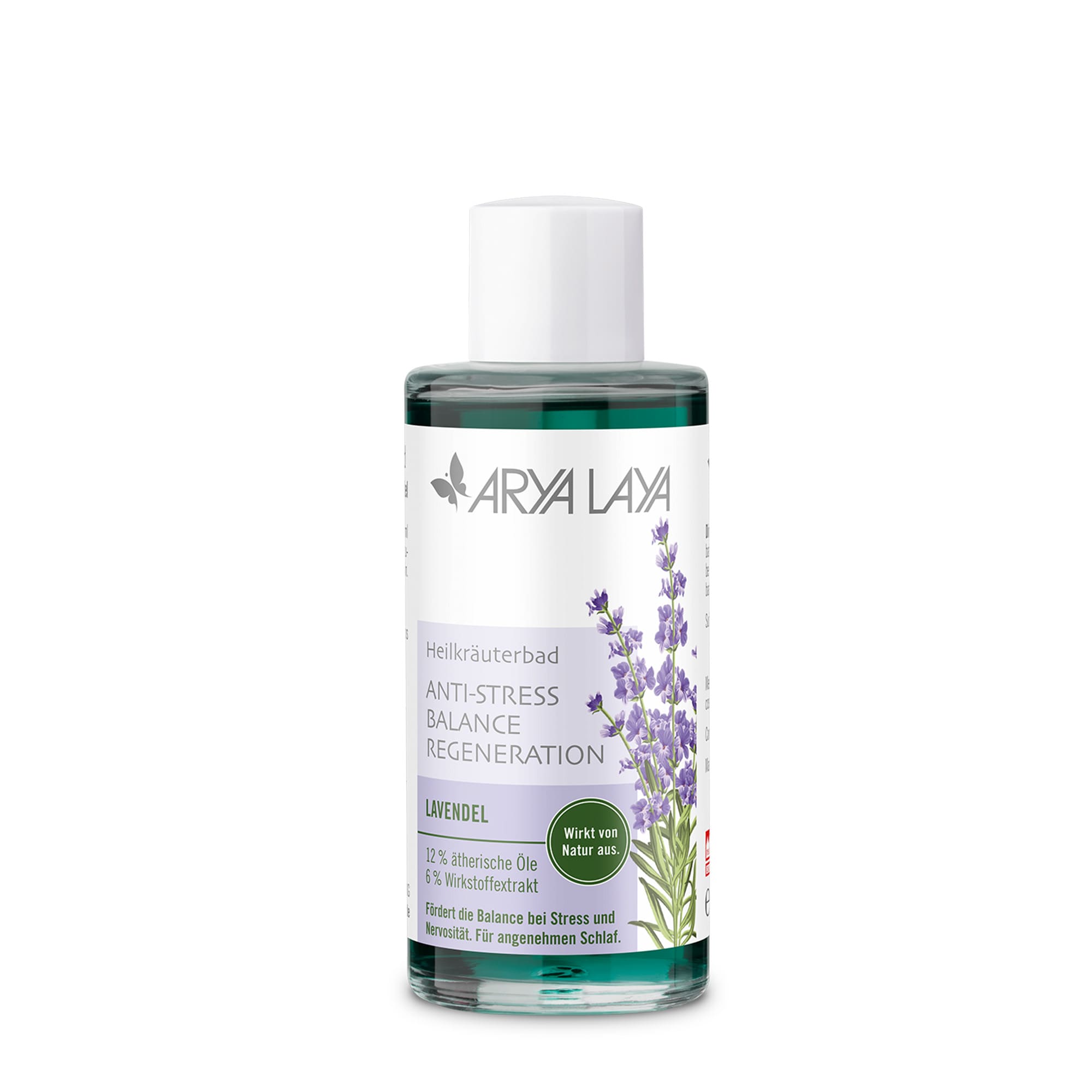 Glasflasche mit ARYA LAYA Heilkräuterbad Lavendel - Anti-Stress, 100 ml 