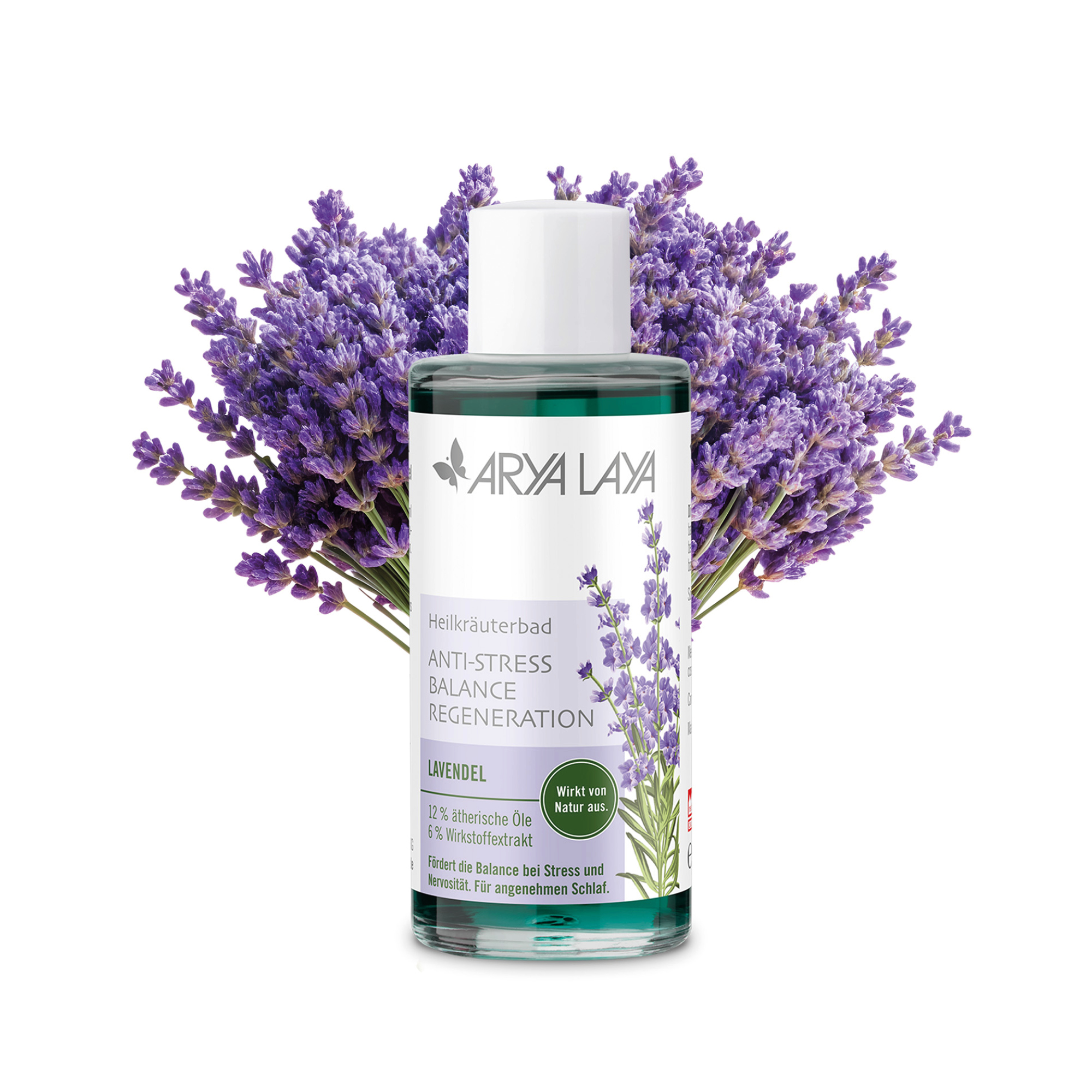 Hero: Glasflasche ARYA LAYA Heilkräuterbad Lavendel - Anti-Stress 100 ml Glasflasche mit ARYA LAYA Heilkräuterbad Lavendel - Anti-Stress, 100 ml