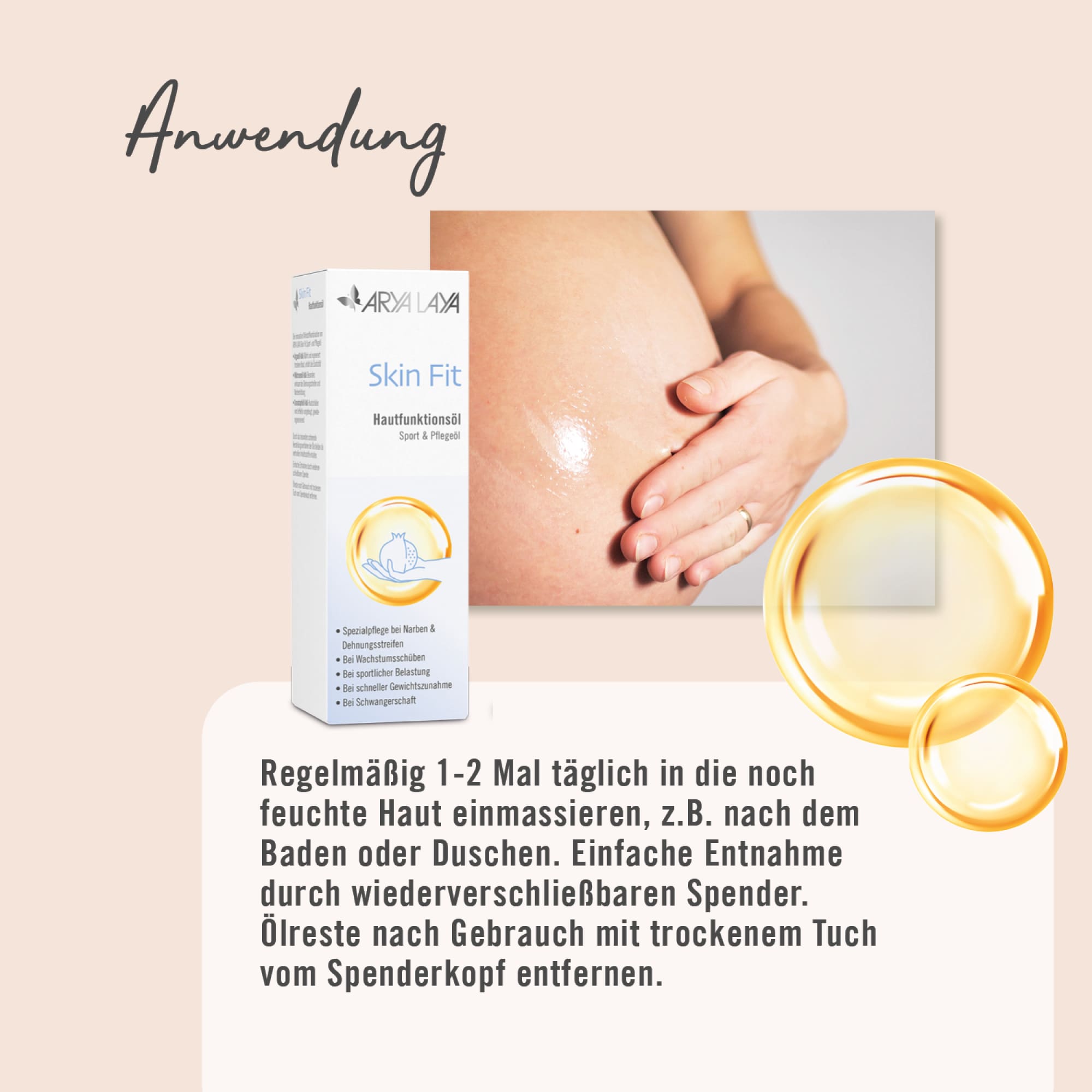 Anwendung ARYA LAYA Hautfunktionsöl Skin Fit Sport und Pflegeöl, 100 ml