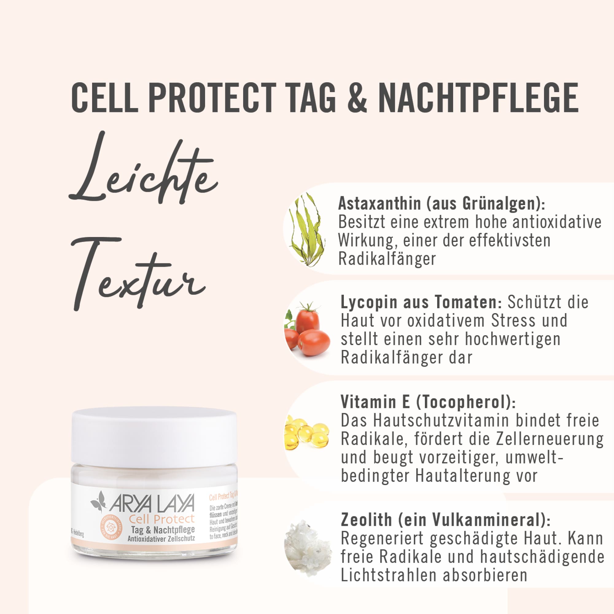 Chart Wirkstoffe ARYA LAYA Cell Protect Tag und Nachtpflege Wirkstoffe ARYA LAYA Cell Protect Tag und Nachtpflege