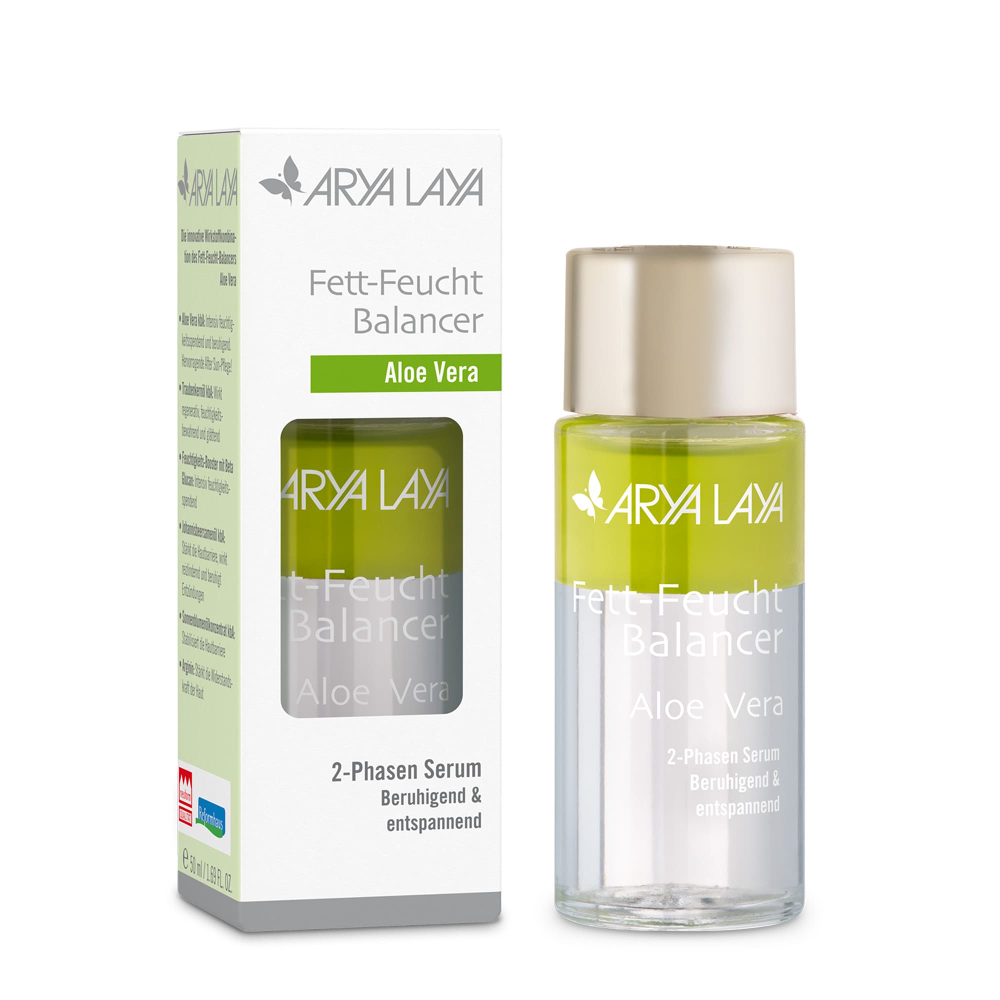 Glasflasche und Faltschachtel ARYA LAYA Fett-Feucht Balancer Aloe Vera 50 ml Glasflasche und Faltschachtel mit ARYA LAYA Fett-Feucht Balancer Aloe Vera, 50 ml