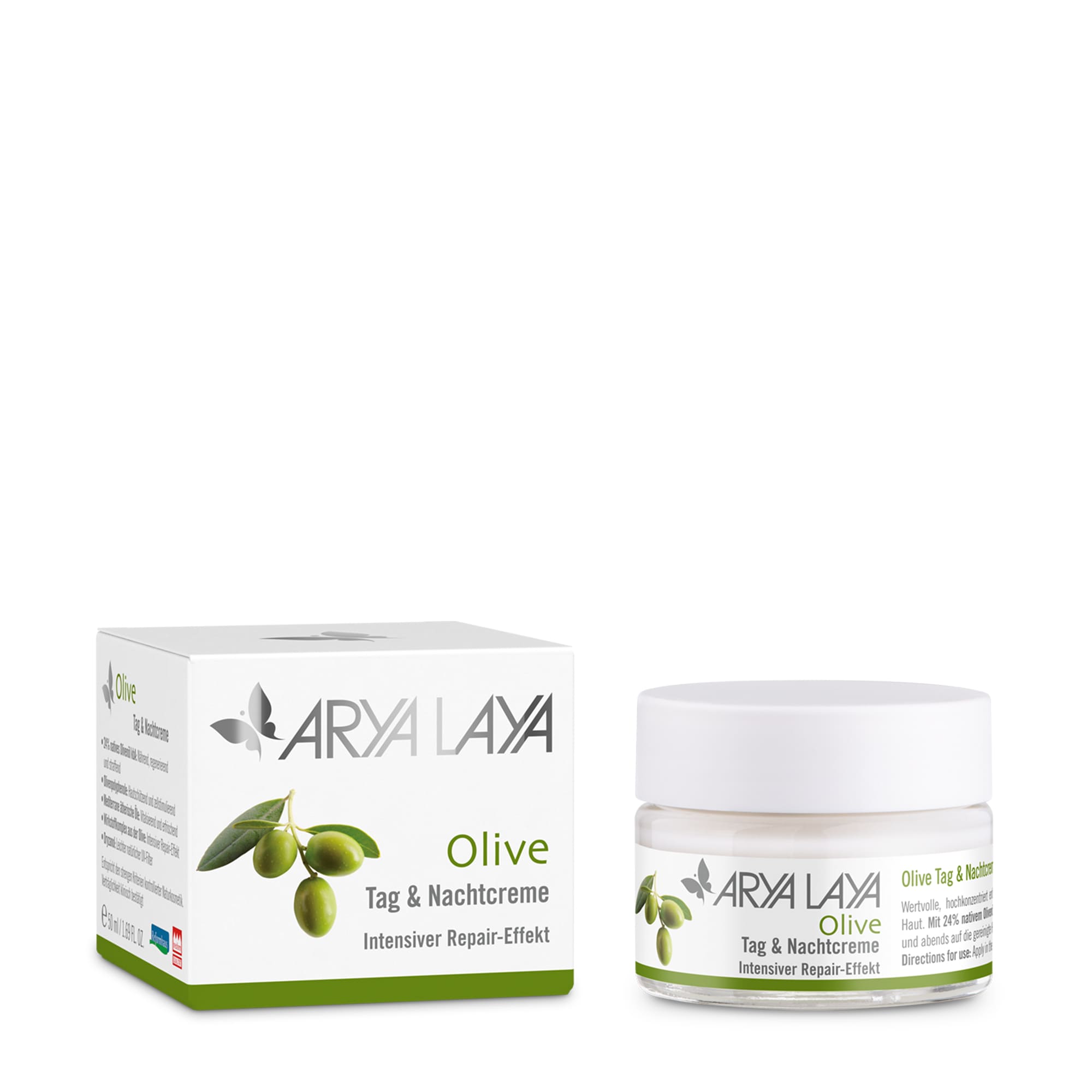 Glastiegel und Faltschachtel ARYA LAYA Olive Tag und Nachtpflege 50 ml Glastiegel und Faltschachtel mit ARYA LAYA Olive Tag und Nachtpflege, 50 ml