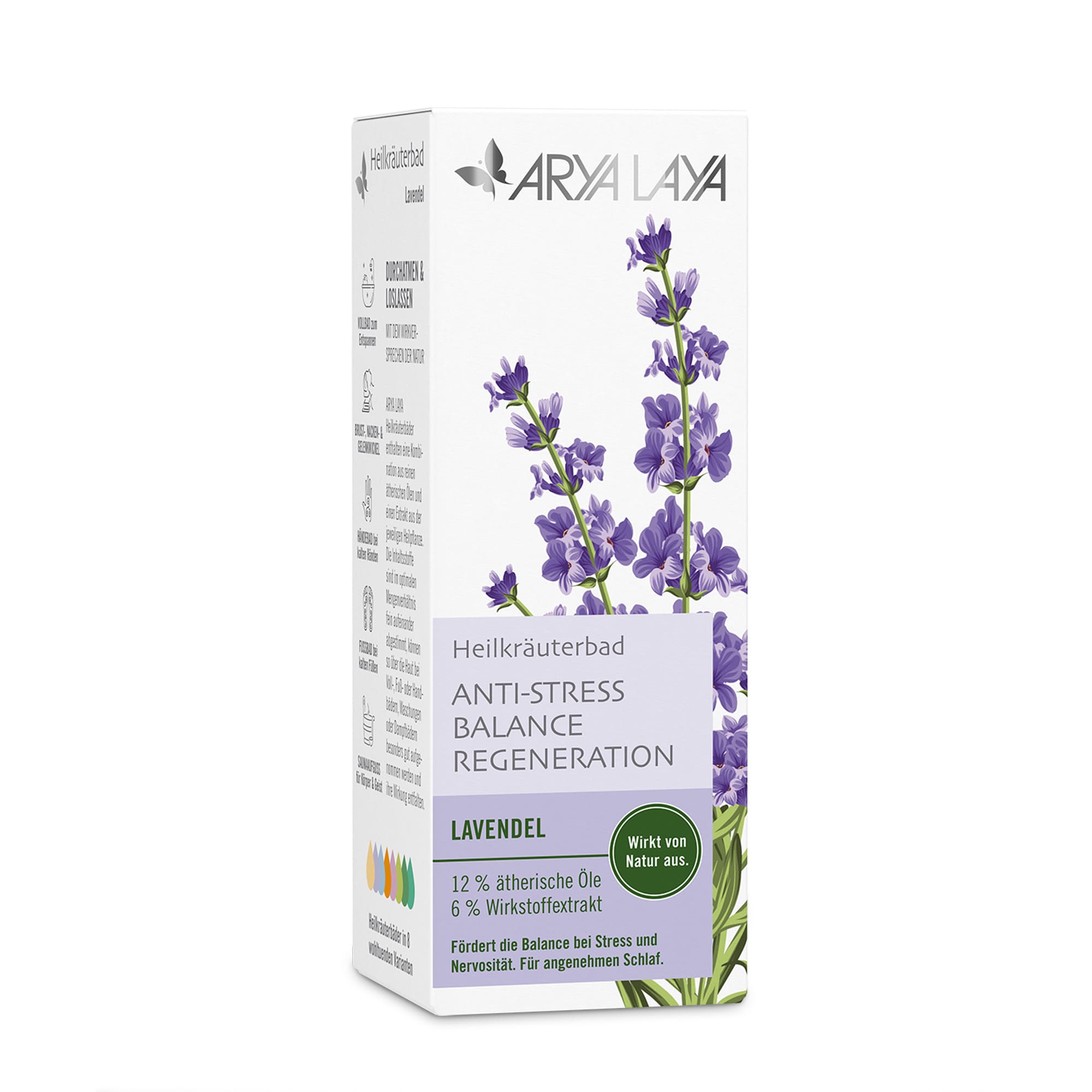 Faltschachtel mit ARYA LAYA Heilkräuterbad Lavendel - Anti-Stress, 100 ml 
