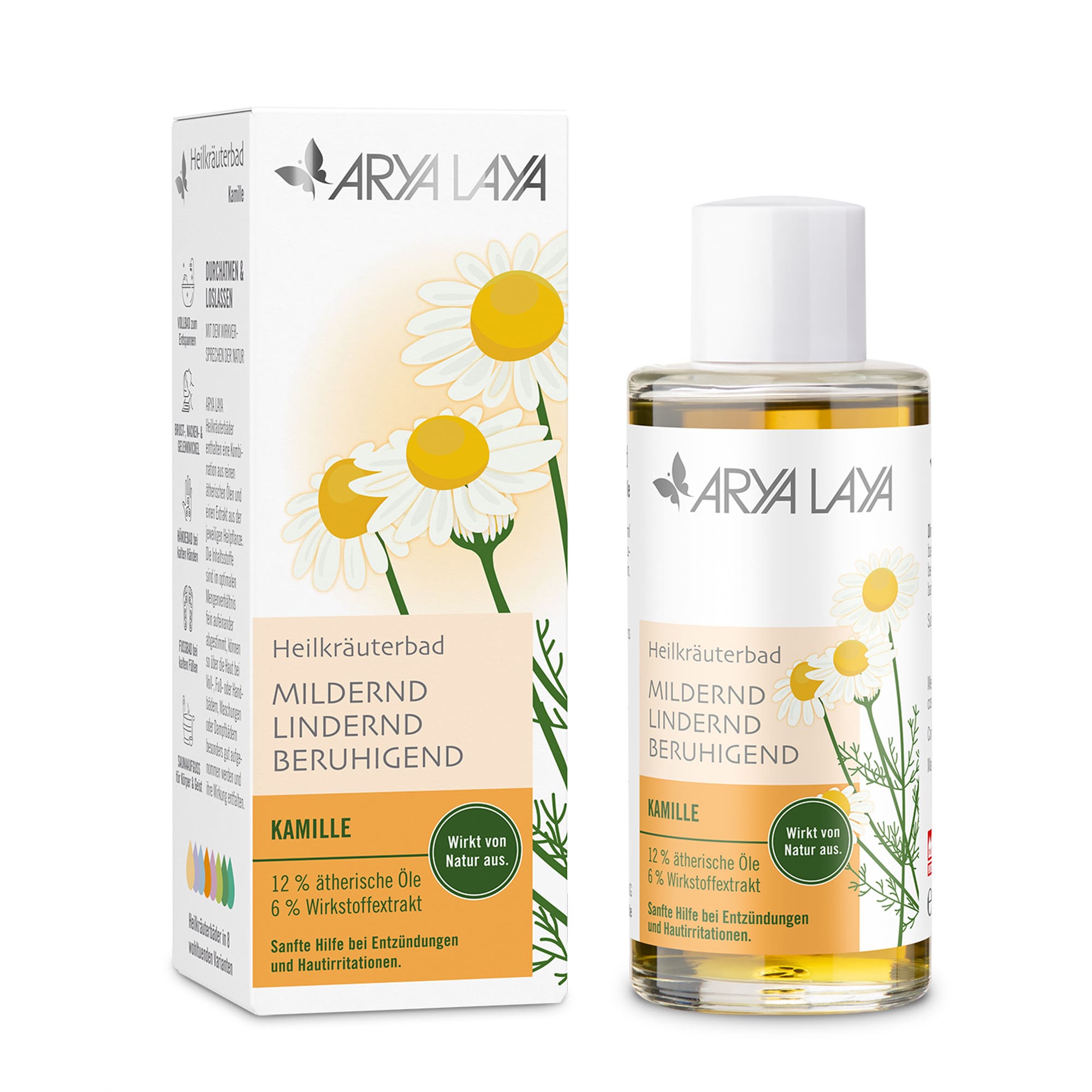 Glasflasche und Faltschachtel ARYA LAYA Heilkräuterbad Fichte - Stärkung 100 ml Glasflasche und Faltschachtel mit ARYA LAYA Heilkräuterbad Kamille- Lindernd, 100 ml