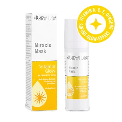 Airless-Spender und Faltschachtel mit ARYA LAYA Miracle Mask Vitamin Glow  sowie Sofort-Effekt Hinweis