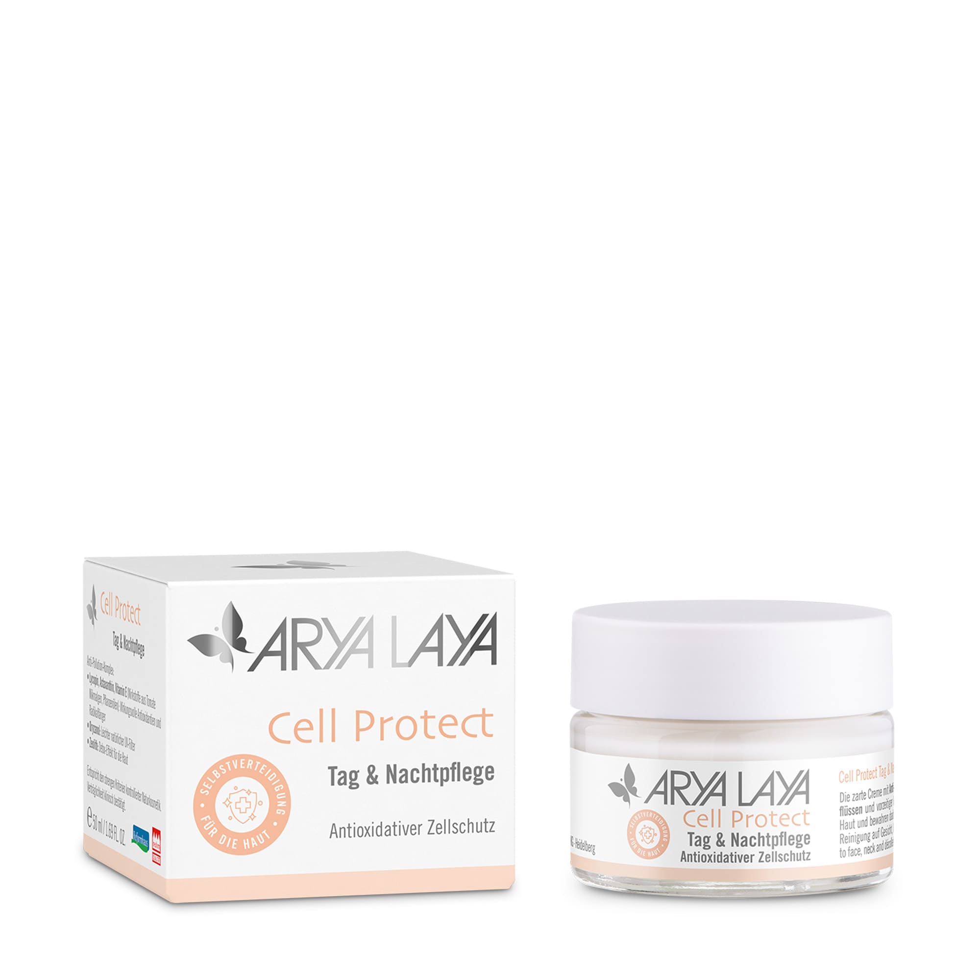 Glastiegel und Faltschachtel ARYA LAYA Cell Protect Tag & Nachtpflege 50 ml Glastiegel und Faltschachtel mit ARYA LAYA Cell Protect Tag & Nachtpflege, 50 ml