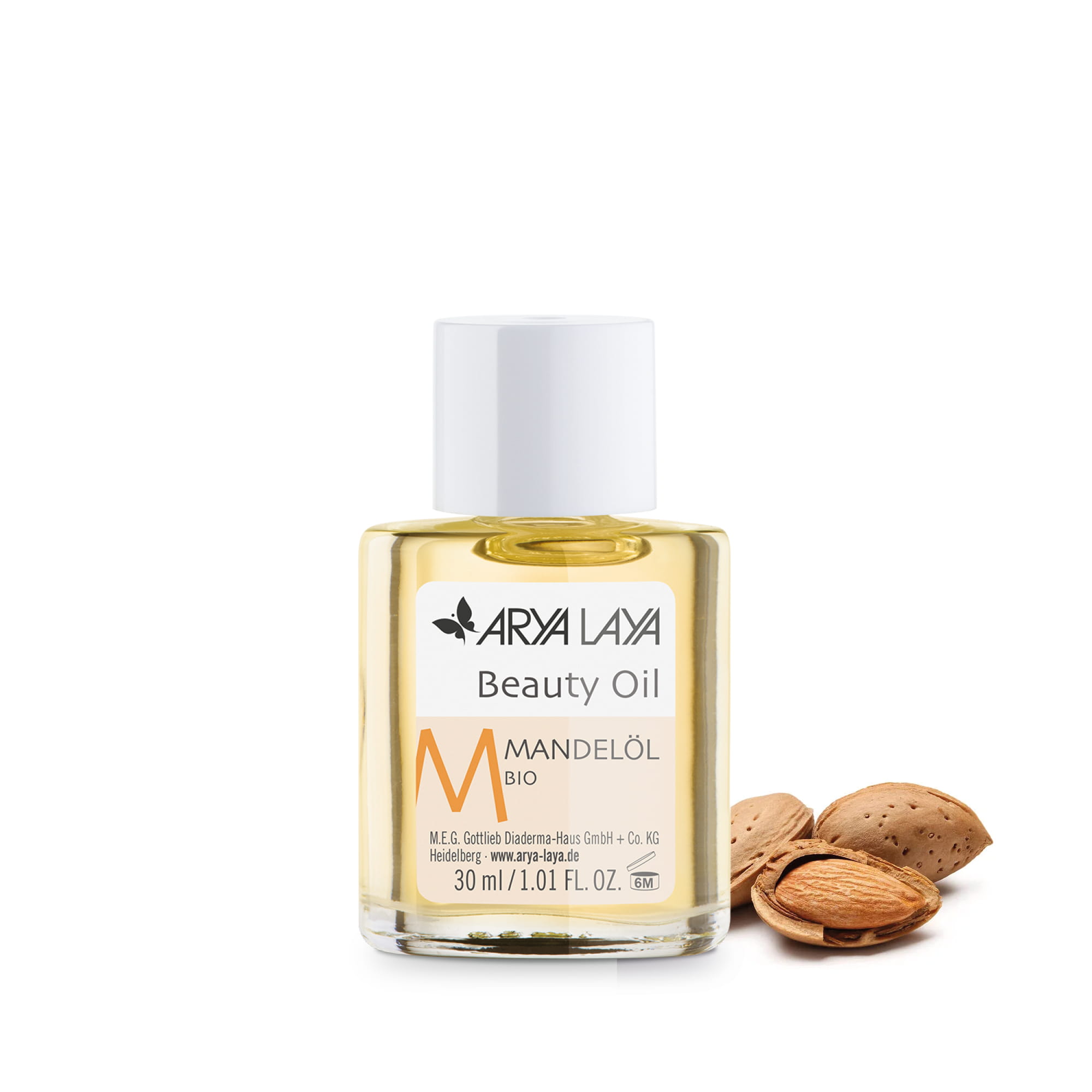 Hero: Glasfläschchen ARYA LAYA Beauty Oil Mandelöl bio 30 ml Glasfläschchen mit ARYA LAYA Beauty Oil Mandelöl bio, 30 ml