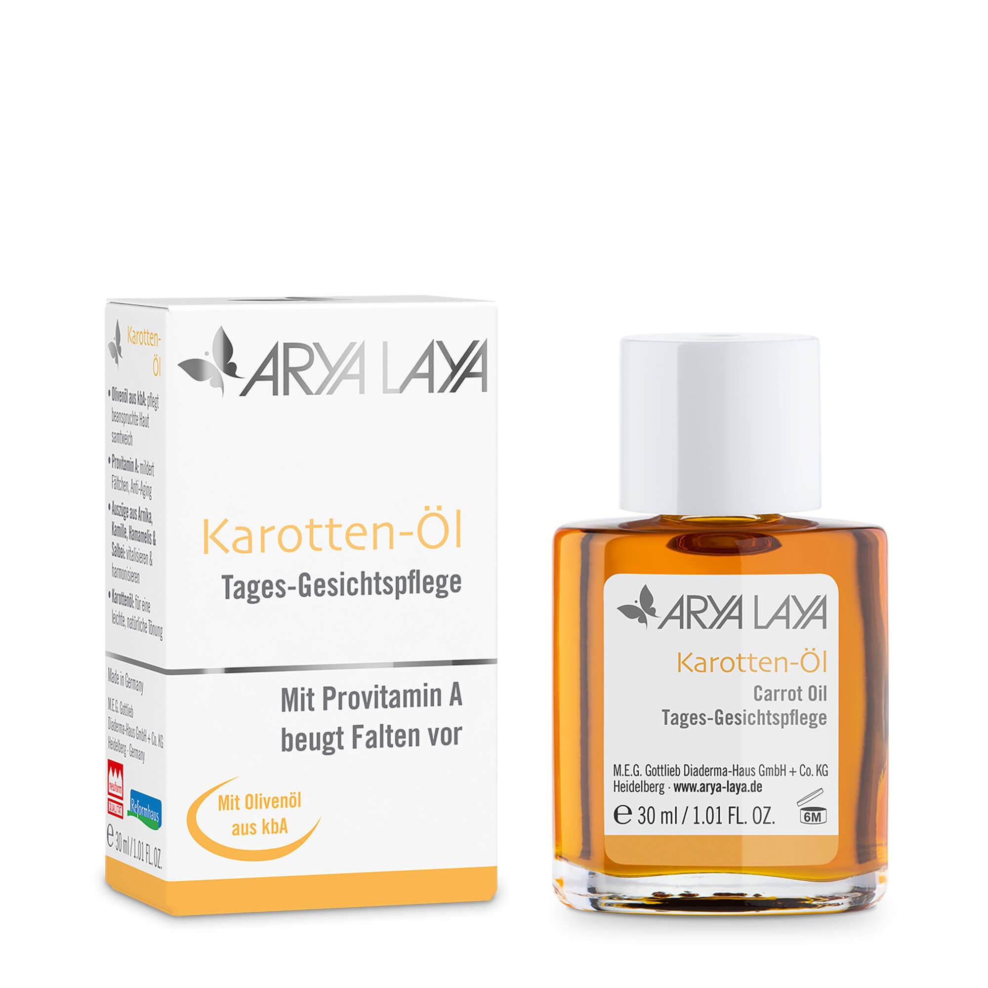 Glasfläschchen und Faltschachtel mit ARYA LAYA Karotten-Öl Tages-Gesichtspflege, 30 ml