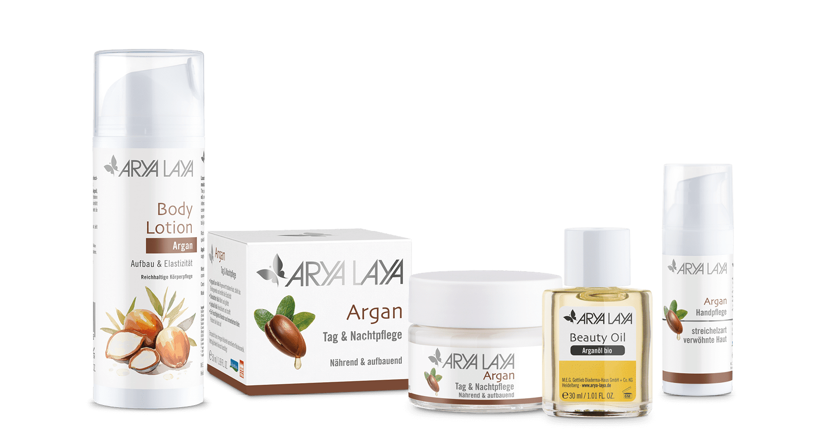 Produktübersicht der ARYA LAYA Pflegeserie Argan