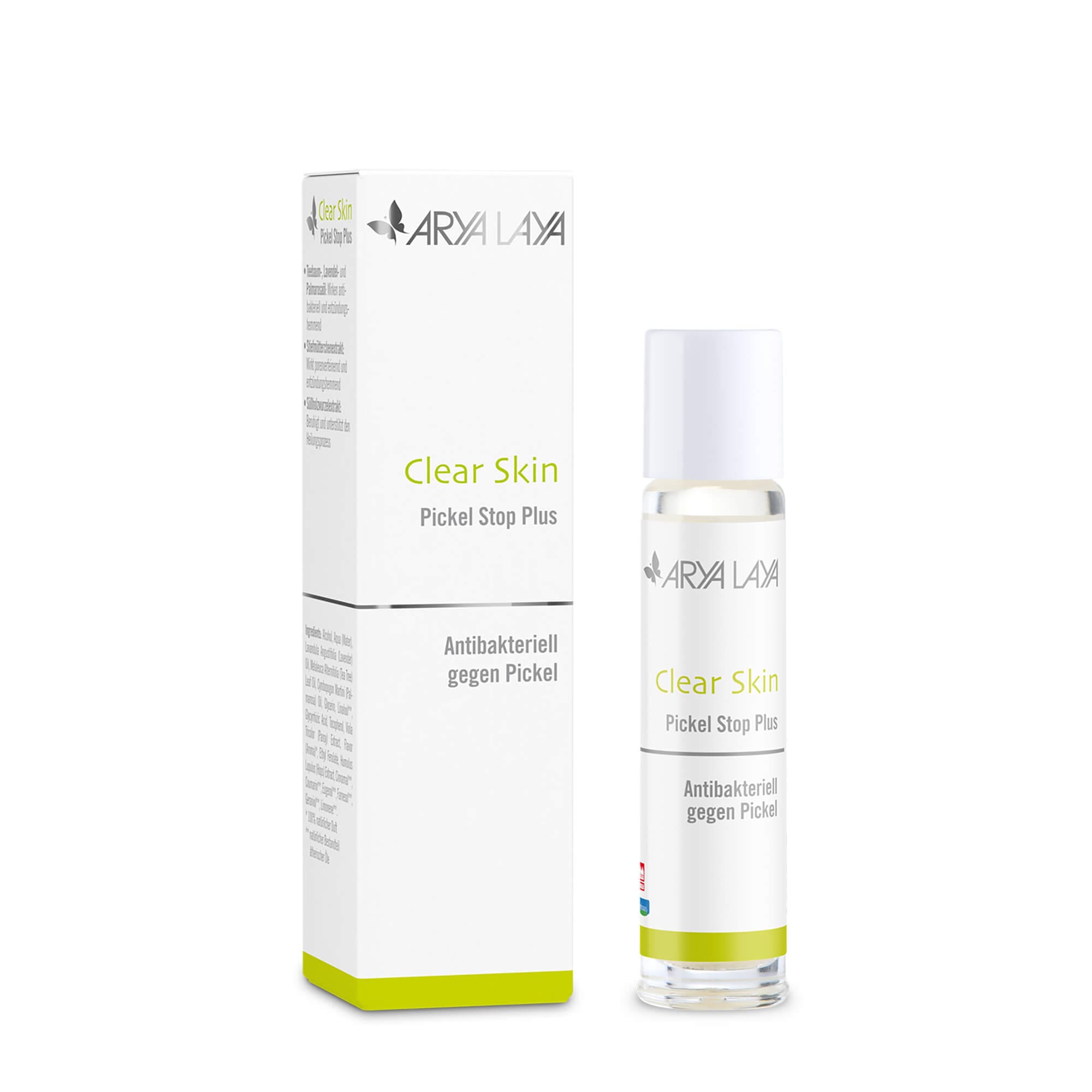 Glasfläschchen und Faltschachtel mit ARYA LAYA Clear Skin Pickel Stop Plus, 10 ml