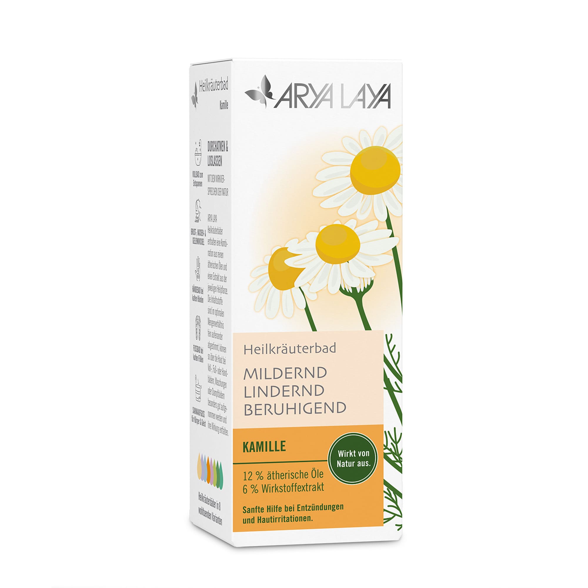 Faltschachtel mit ARYA LAYA Heilkräuterbad Kamille- Lindernd, 100 ml 