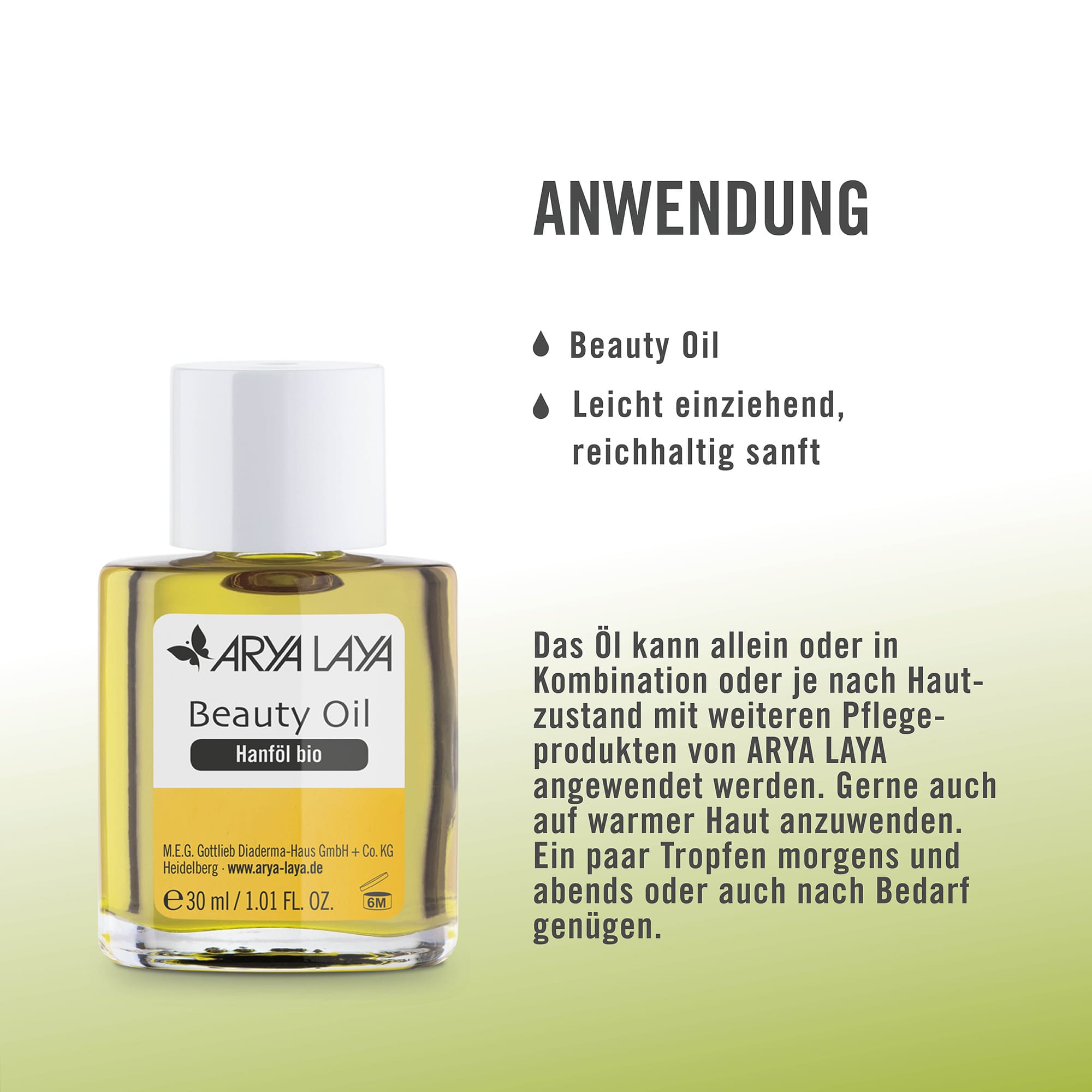 Anwendung ARYA LAYA Beauty Oil Hanföl bio, 30 ml 