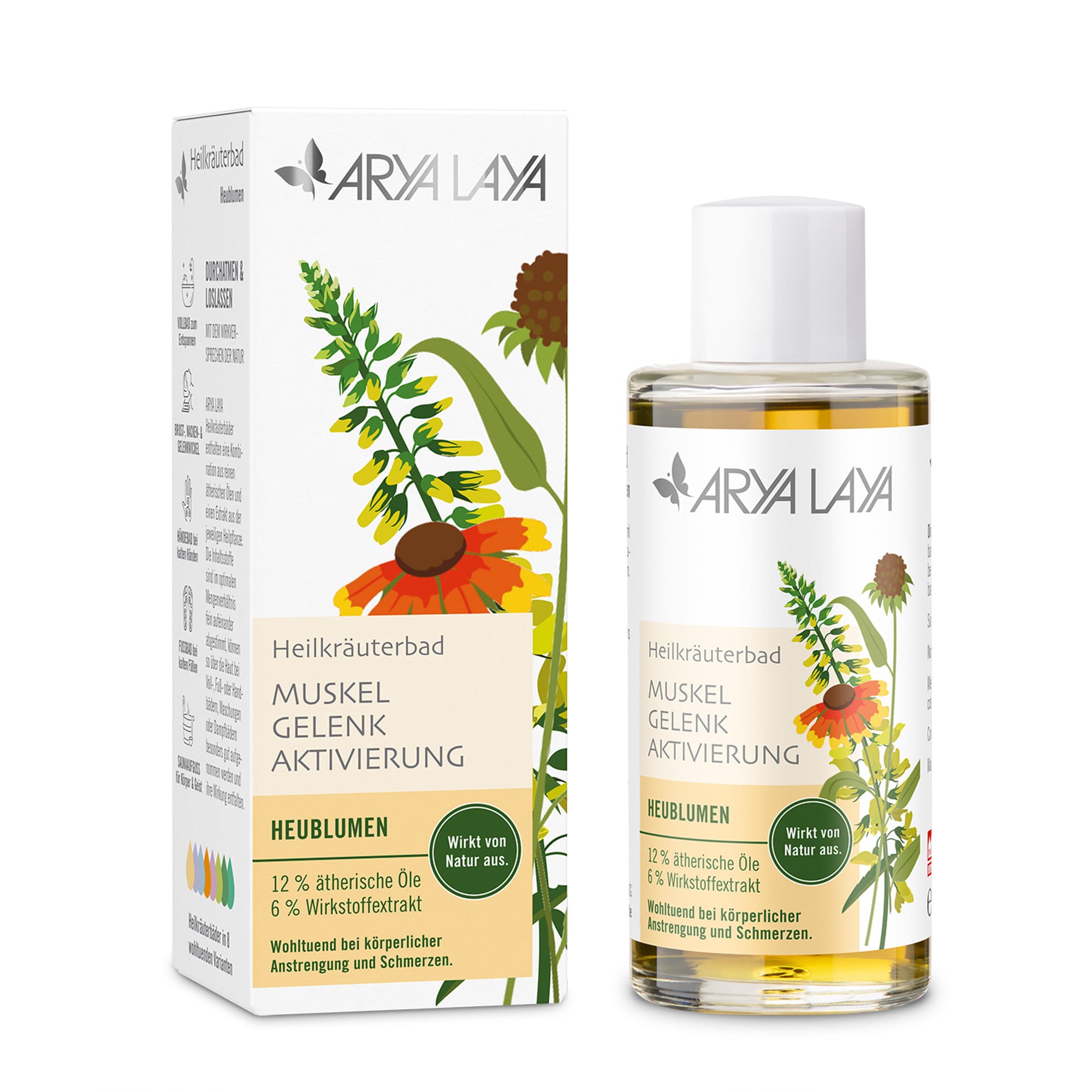 Glasflasche und Faltschachtel mit ARYA LAYA Heilkräuterbad Heublumen - Aktivierung, 100 ml 