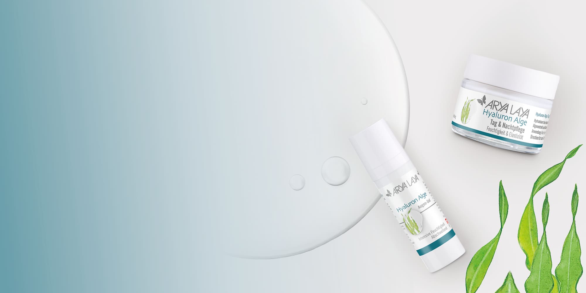 Hyaluron Alge Tag & Nachtpflege und das Augen-Gel aus der Pflegeserie Hyaluron Alge abgbildet zusammen mit den Wirkstoffen Allge und Hyaluron