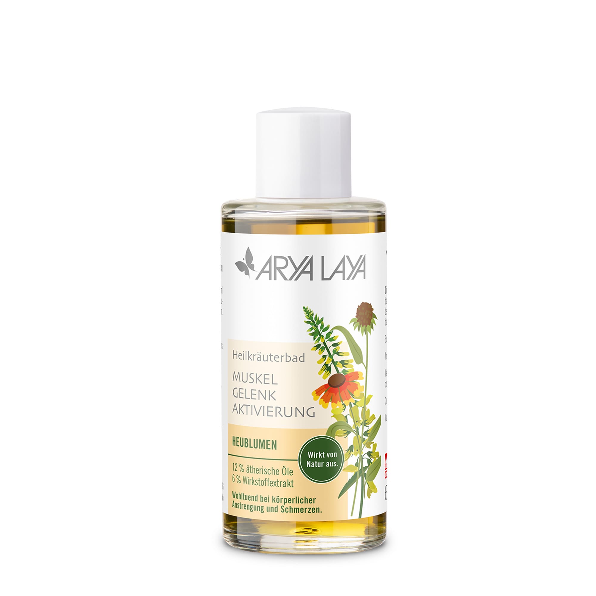 Glasflasche mit ARYA LAYA Heilkräuterbad Heublumen - Aktivierung, 100 ml 