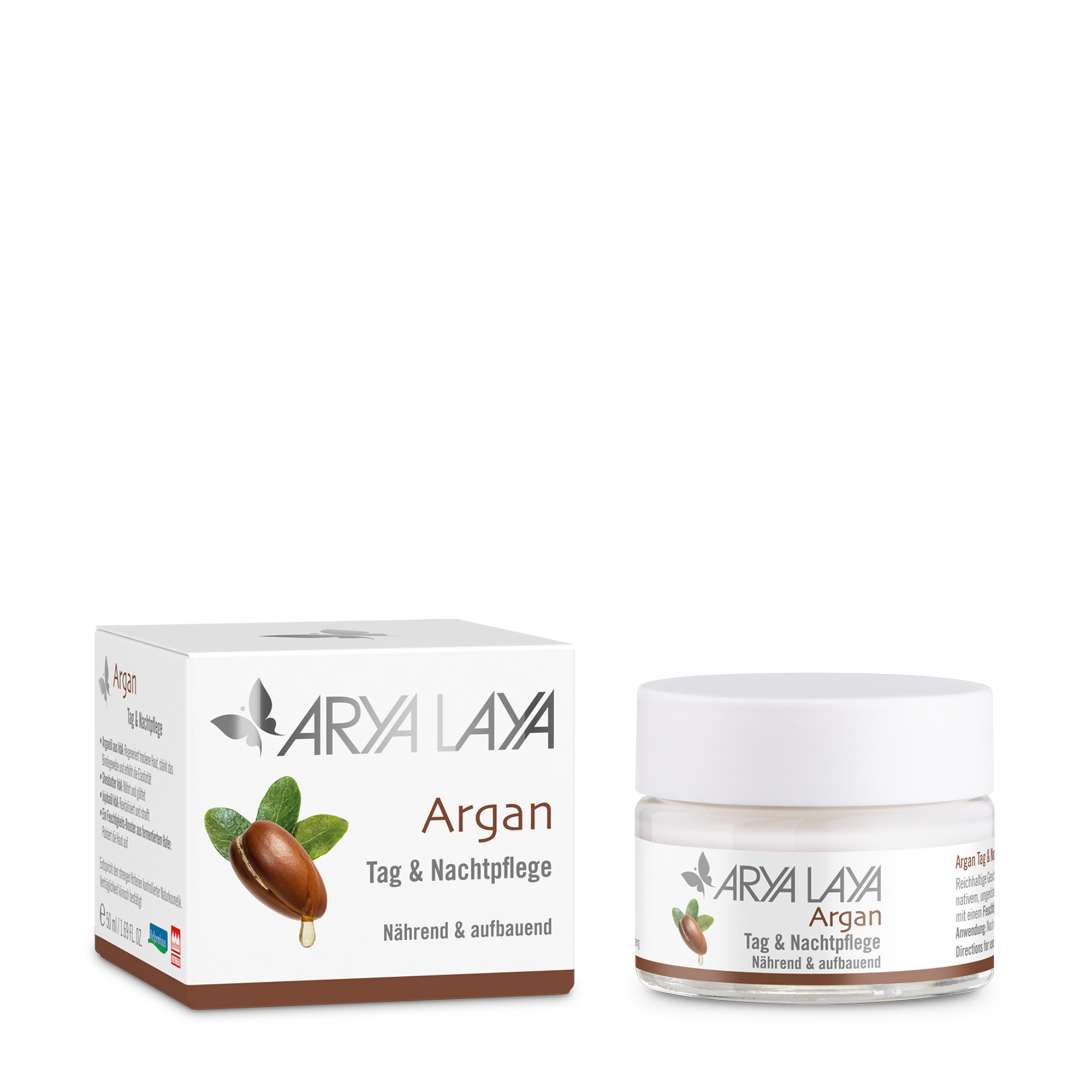 Glastiegel und Faltschachtel ARYA LAYA Argan Tag & Nachtpflege 50 ml Glastiegel und Faltschachtel mit ARYA LAYA Argan Tag & Nachtpflege, 50 ml