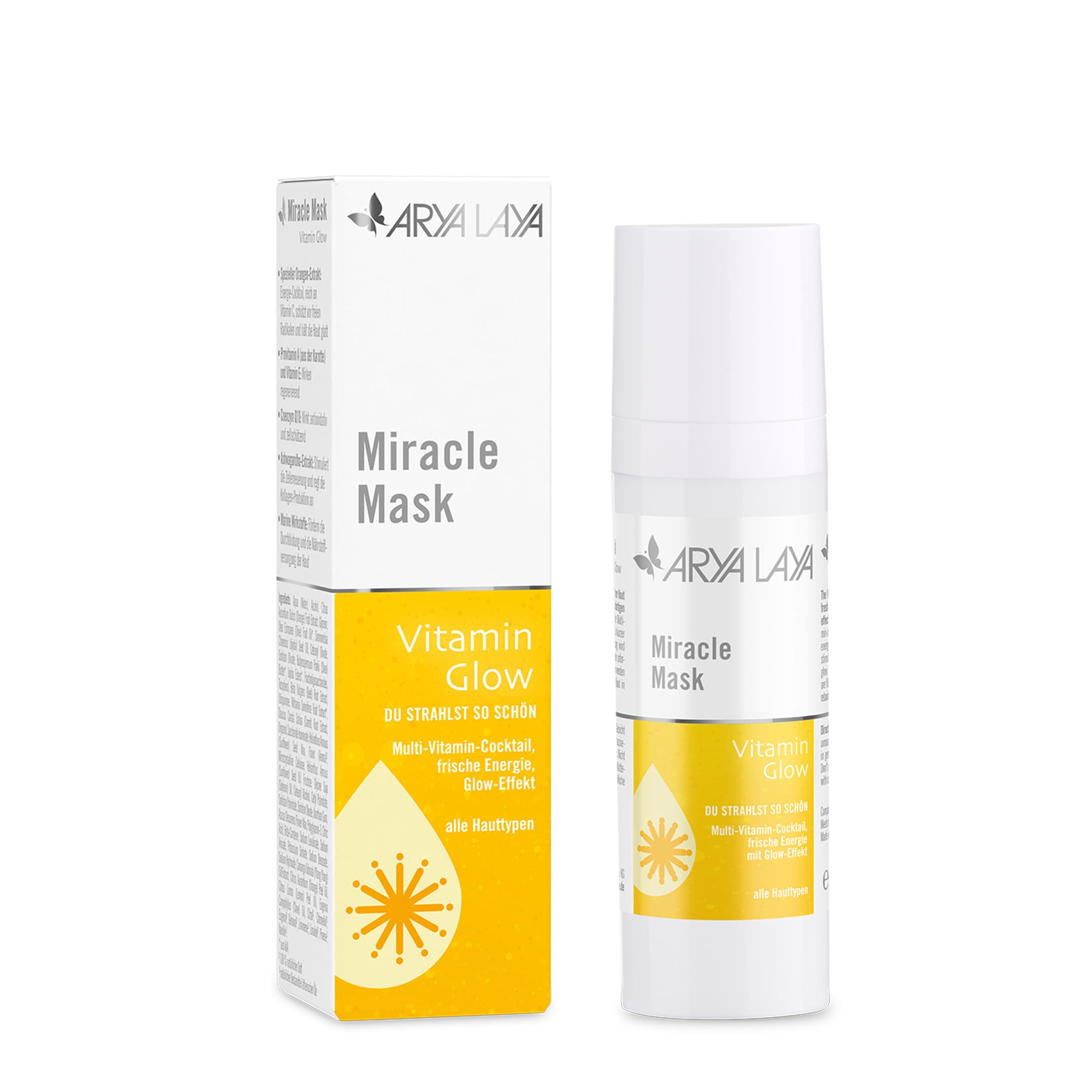 Airless-Spender und Faltschachtel ARYA LAYA Miracle Mask Vitamin Glow 30 ml Airless-Spender und Faltschachtel mit ARYA LAYA Miracle Mask Vitamin Glow, 30 ml