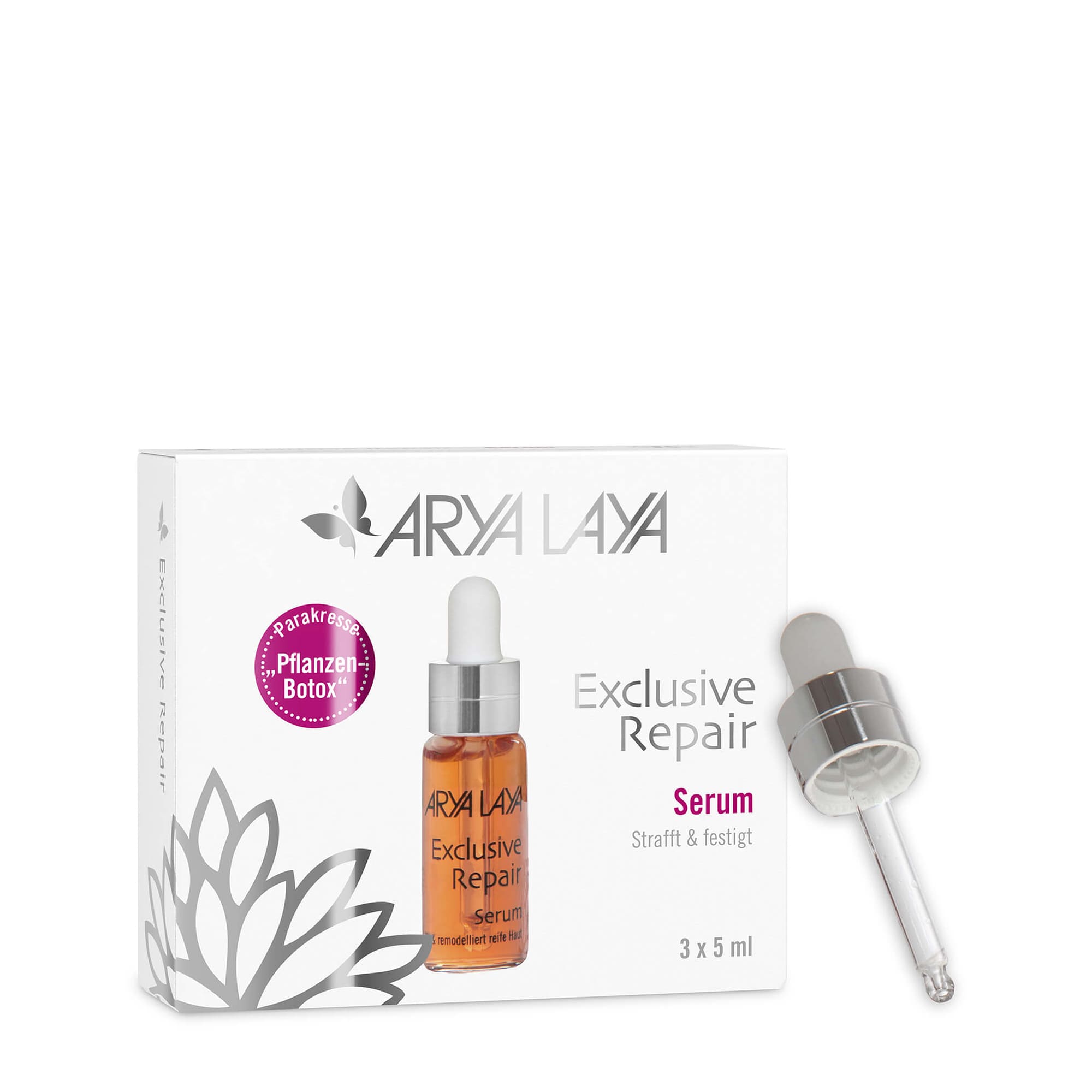 Pipette und Faltschachtel mit ARYA LAYA Exclusive Repair Serum, 3x5 ml