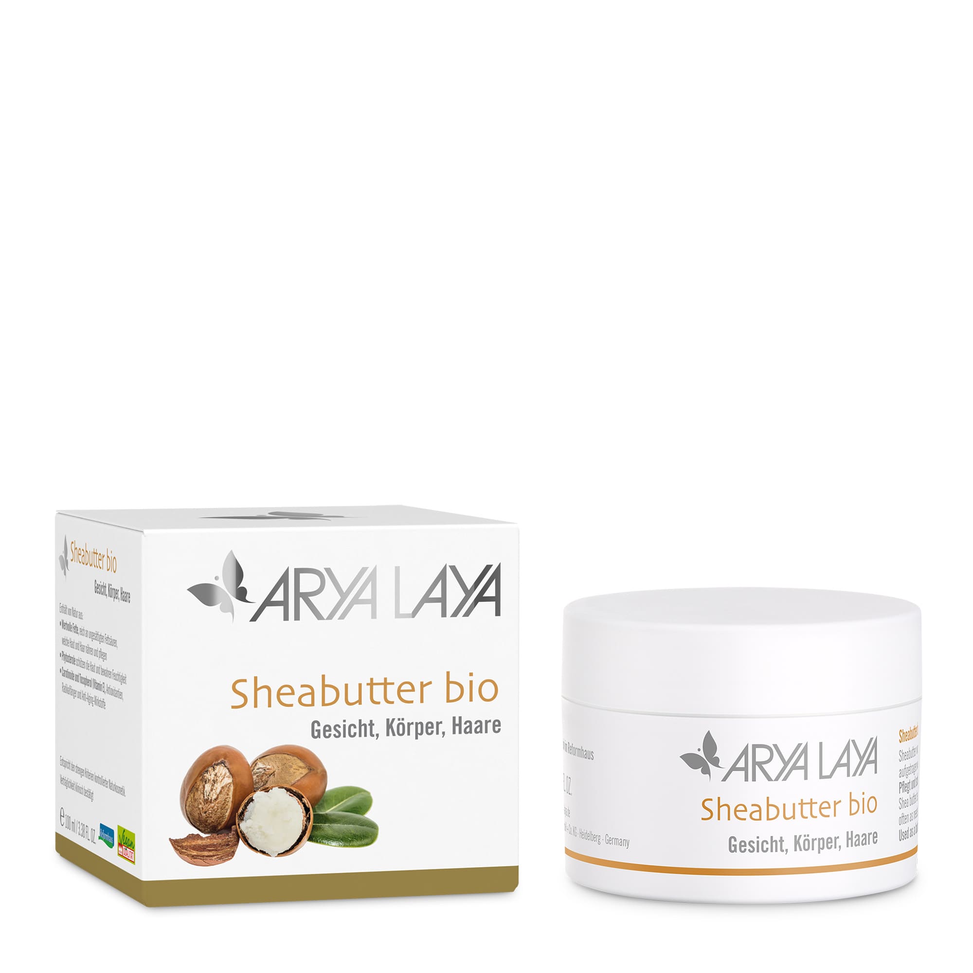 Tiegel und Faltschachtel mit ARYA LAYA Sheabutter, 100 ml