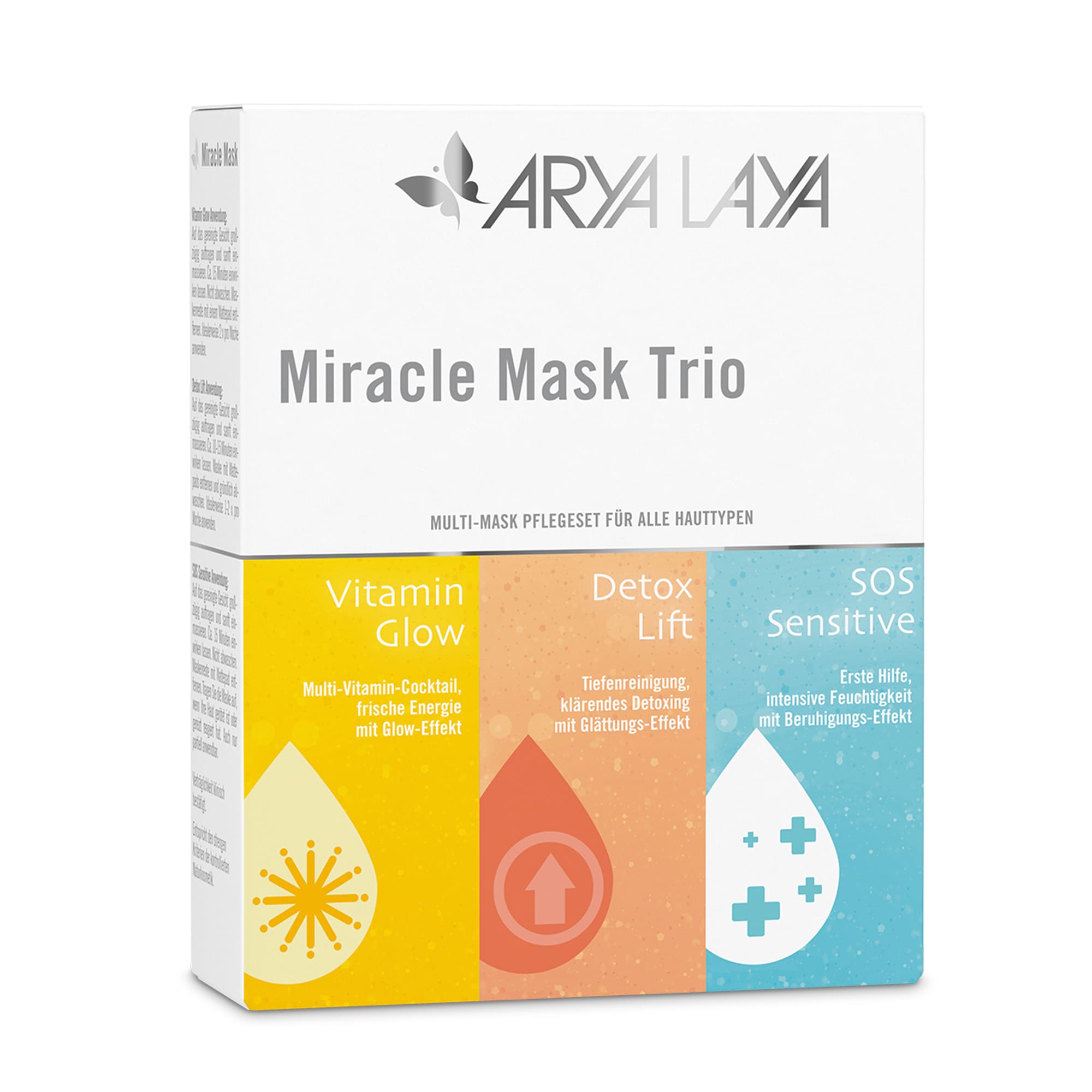 Hero: Faltschachtel ARYA LAYA Miracle Mask Trio, 3 x 30 ml Faltschachtel mit ARYA LAYA Miracle Mask Trio, 3 x 30 ml