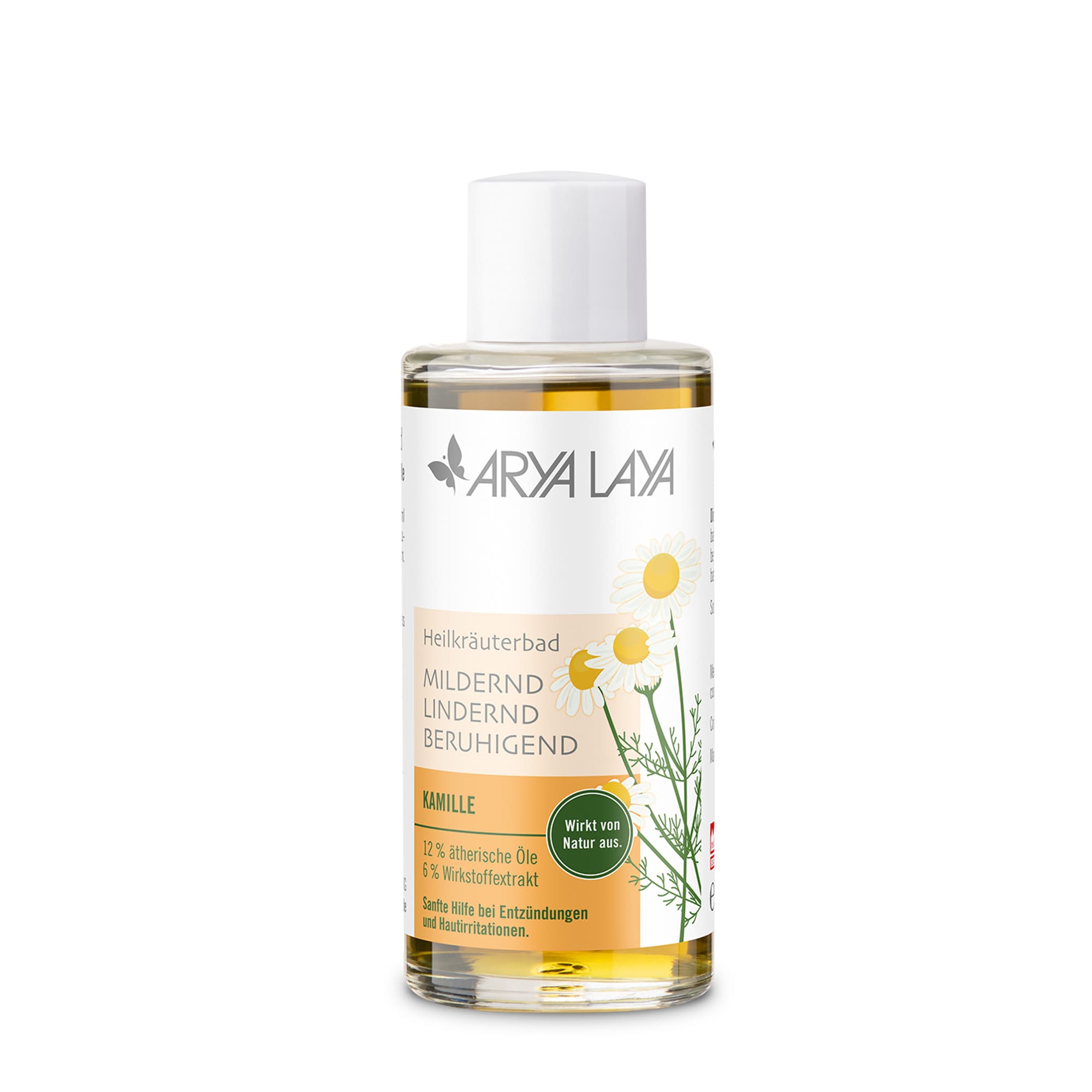 Glasflasche mit ARYA LAYA Heilkräuterbad Kamille - Lindernd, 100 ml 