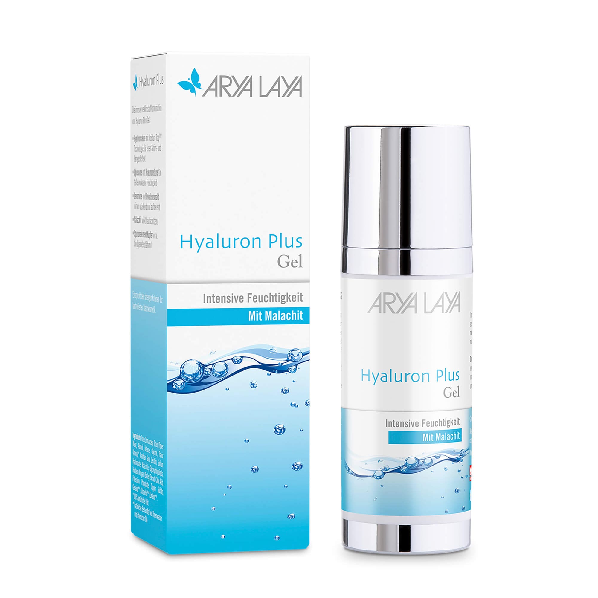 Airless-Spender und Faltschachtel mit ARYA LAYA Hyaluron Plus Gel mit Malachit, 50 ml